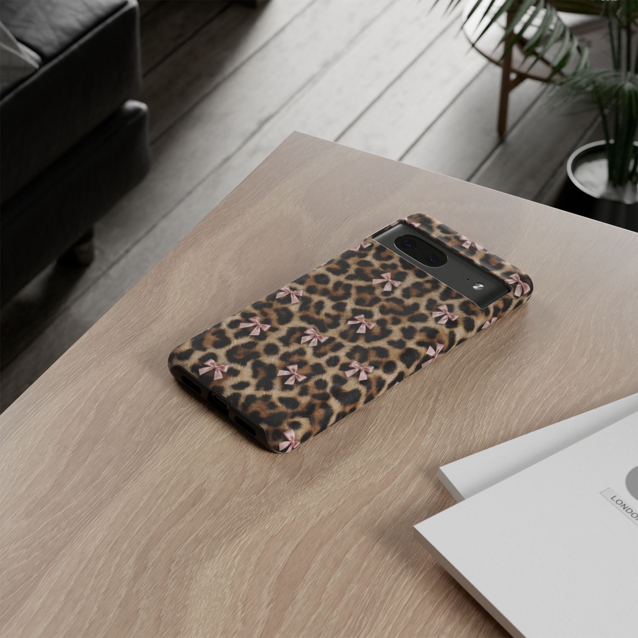 Leopard Print Bow Phone Case - Coquette Pink Ribbon Tough Case for iPhone and Samsung, Real Spot Animal Print
