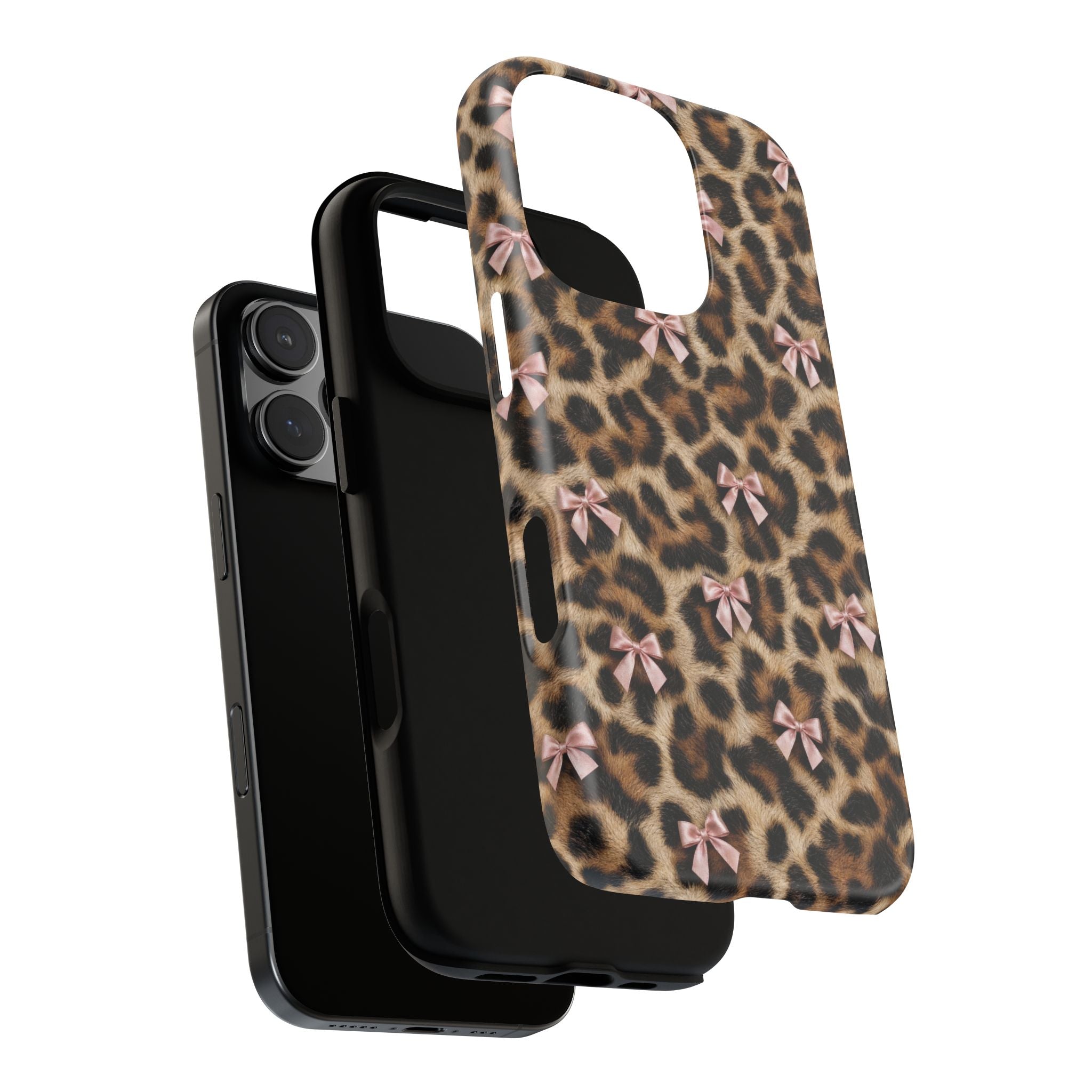 Leopard Print Bow Phone Case - Coquette Pink Ribbon Tough Case for iPhone and Samsung, Real Spot Animal Print