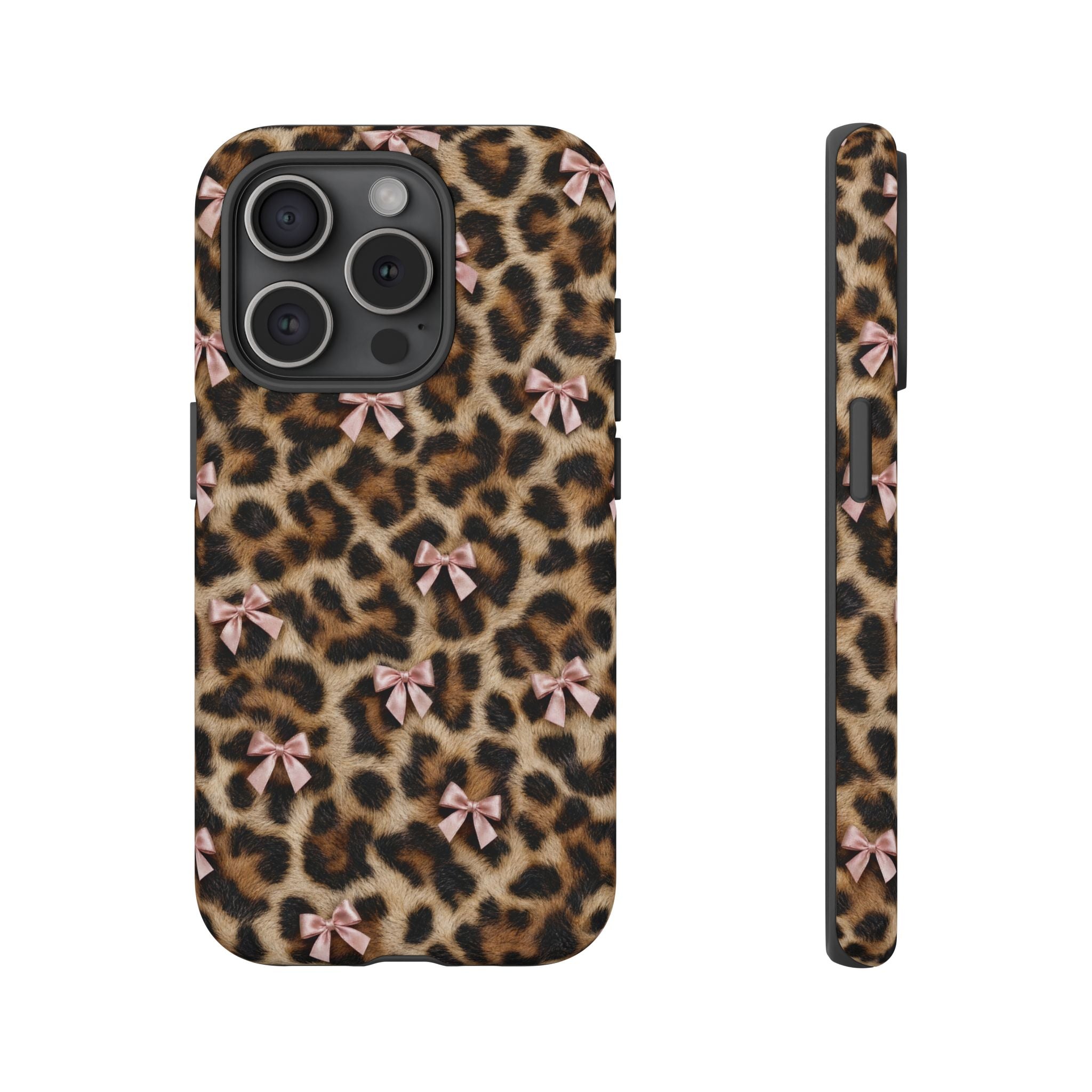 Leopard Print Bow Phone Case - Coquette Pink Ribbon Tough Case for iPhone and Samsung, Real Spot Animal Print
