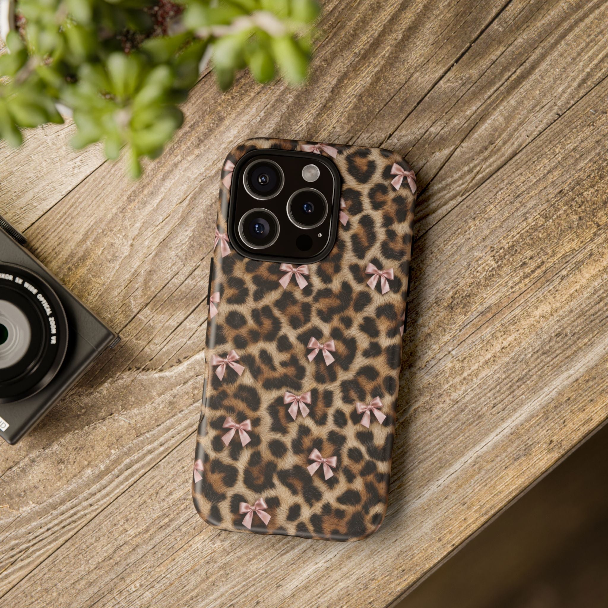 Leopard Print Bow Phone Case - Coquette Pink Ribbon Tough Case for iPhone and Samsung, Real Spot Animal Print