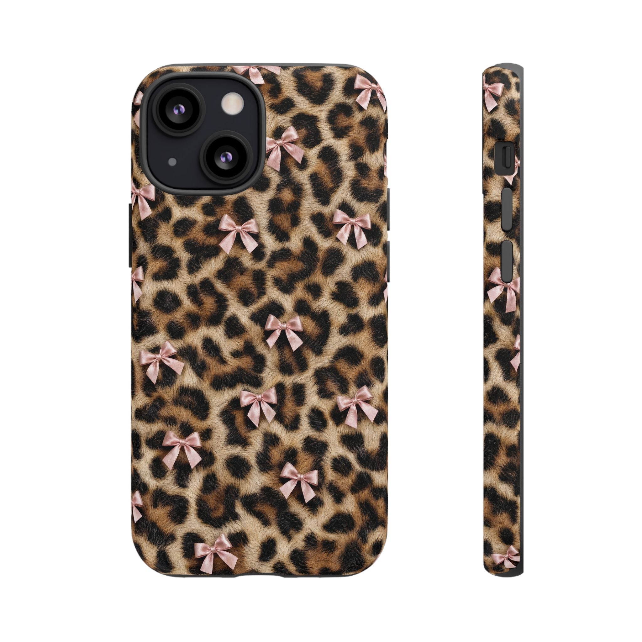 Leopard Print Bow Phone Case - Coquette Pink Ribbon Tough Case for iPhone and Samsung, Real Spot Animal Print
