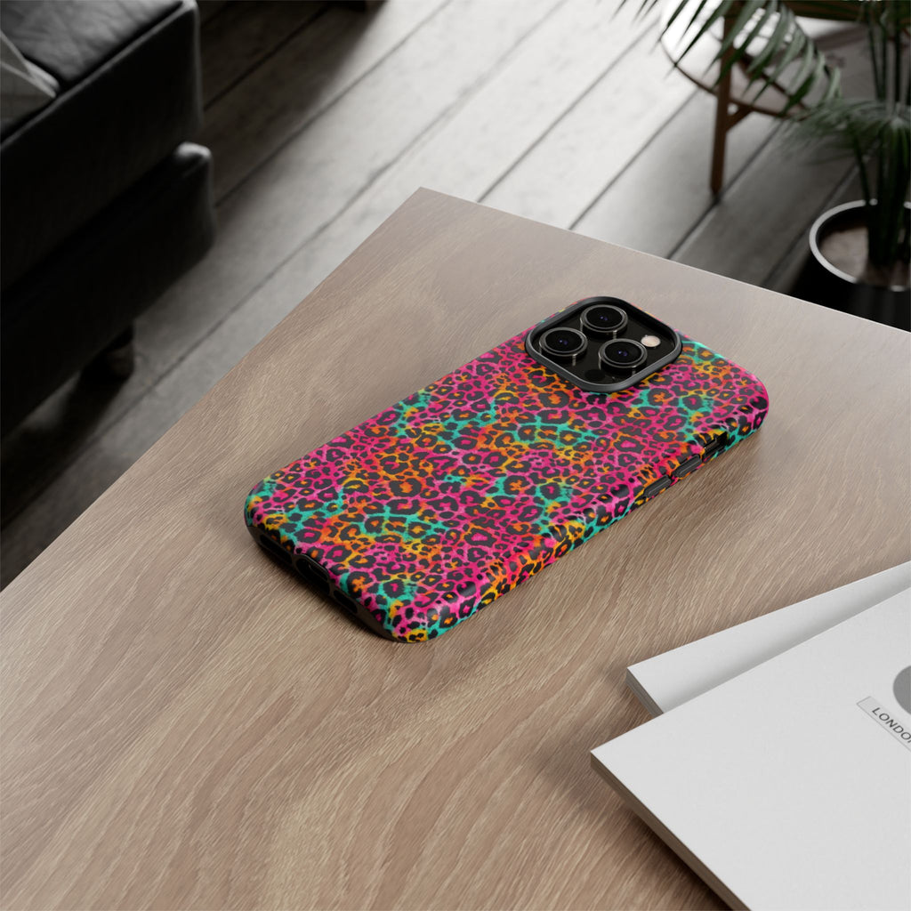 Rainbow Leopard Print Phone Case - Neon Cheetah Tough Case for iPhone and Samsung, Bright Y2K Animal Print