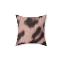 Blush leopard print throw pillow in soft pink — photographic animal markings on a wrap-around cushion