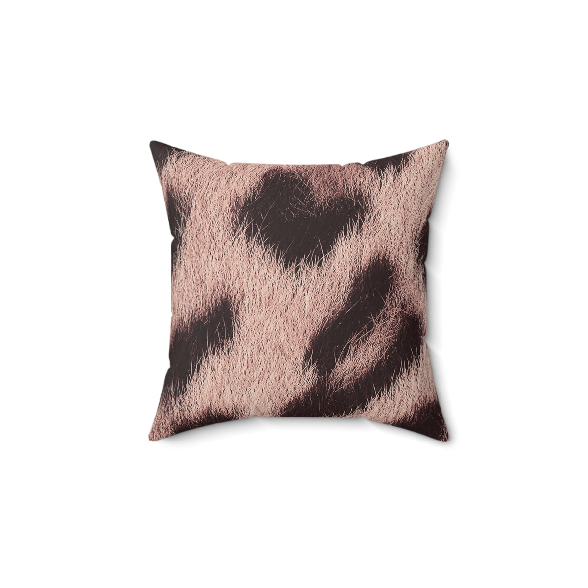 Blush leopard print throw pillow in soft pink — photographic animal markings on a wrap-around cushion