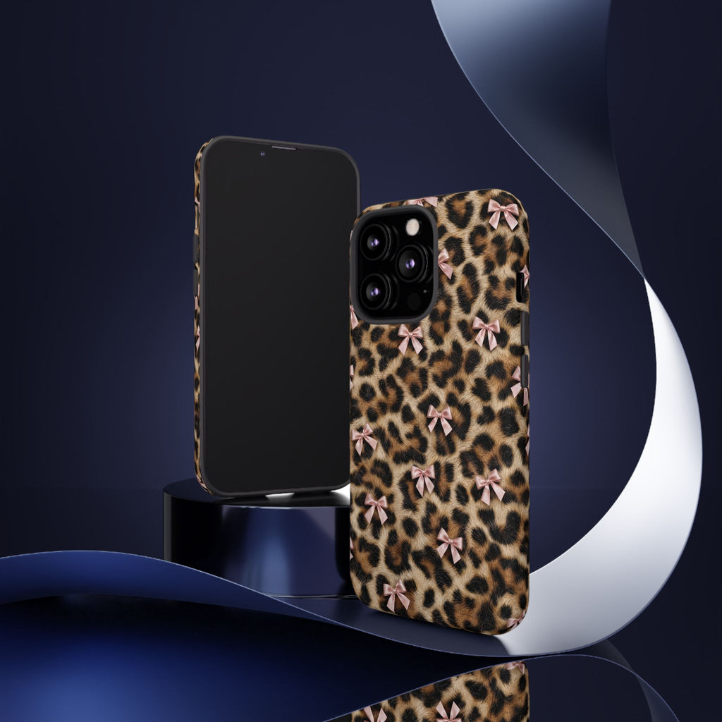 Leopard Print Bow Phone Case - Coquette Pink Ribbon Tough Case for iPhone and Samsung, Real Spot Animal Print