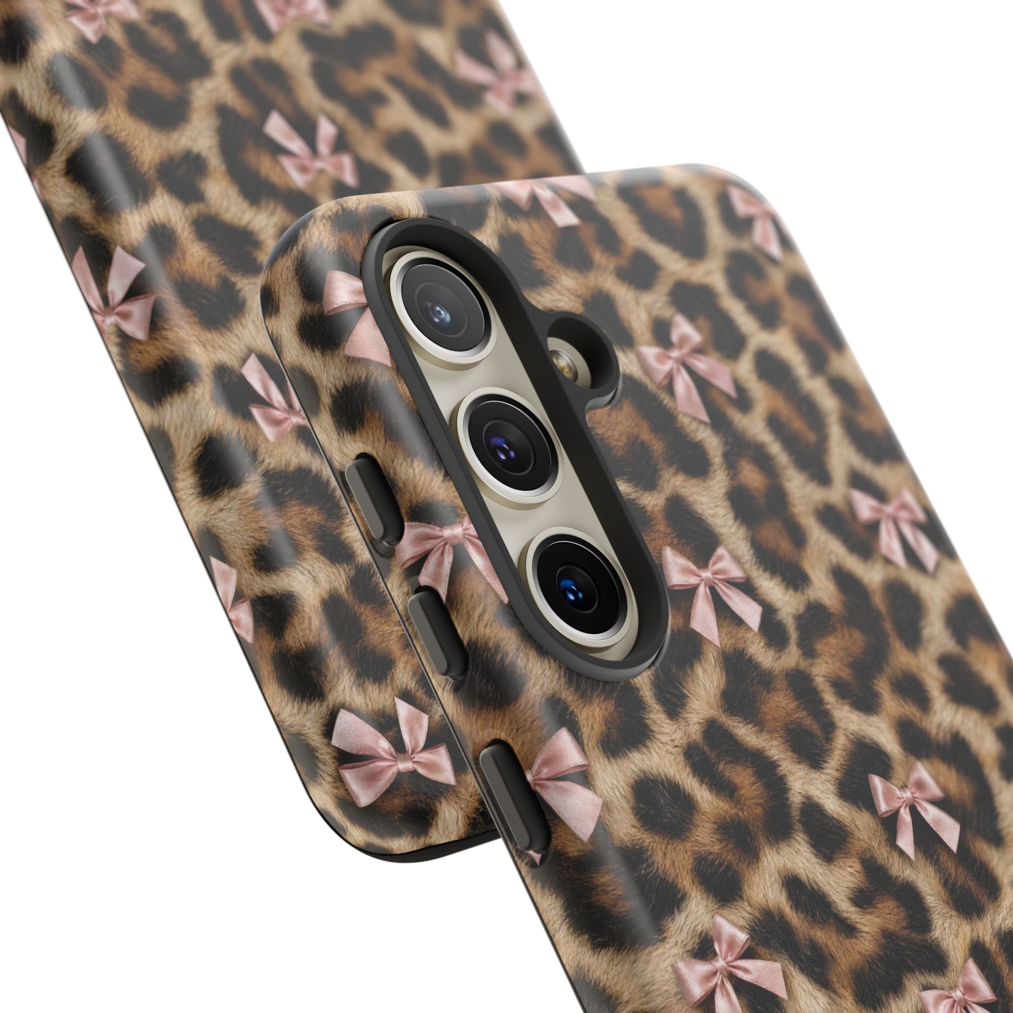 Leopard Print Bow Phone Case - Coquette Pink Ribbon Tough Case for iPhone and Samsung, Real Spot Animal Print
