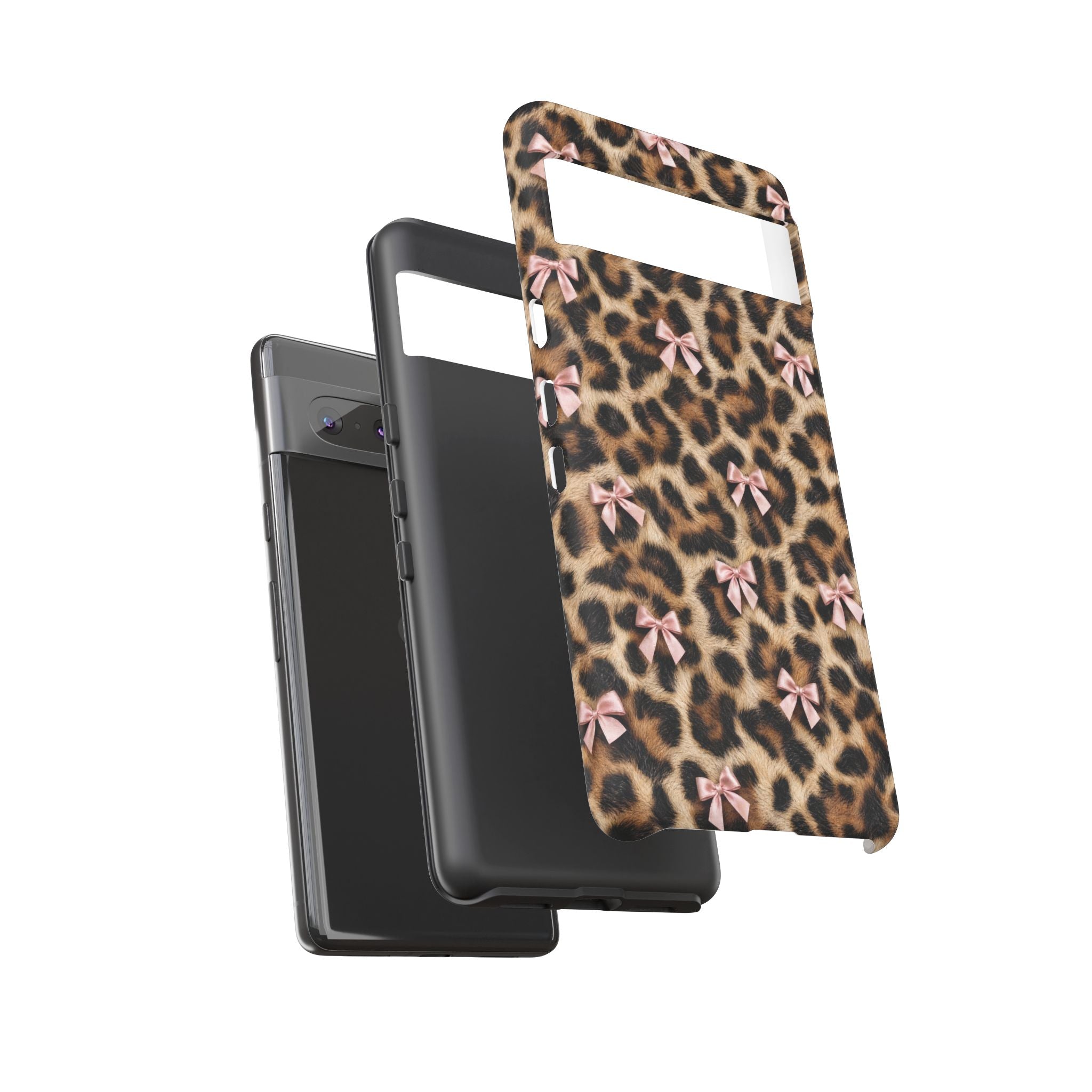 Leopard Print Bow Phone Case - Coquette Pink Ribbon Tough Case for iPhone and Samsung, Real Spot Animal Print