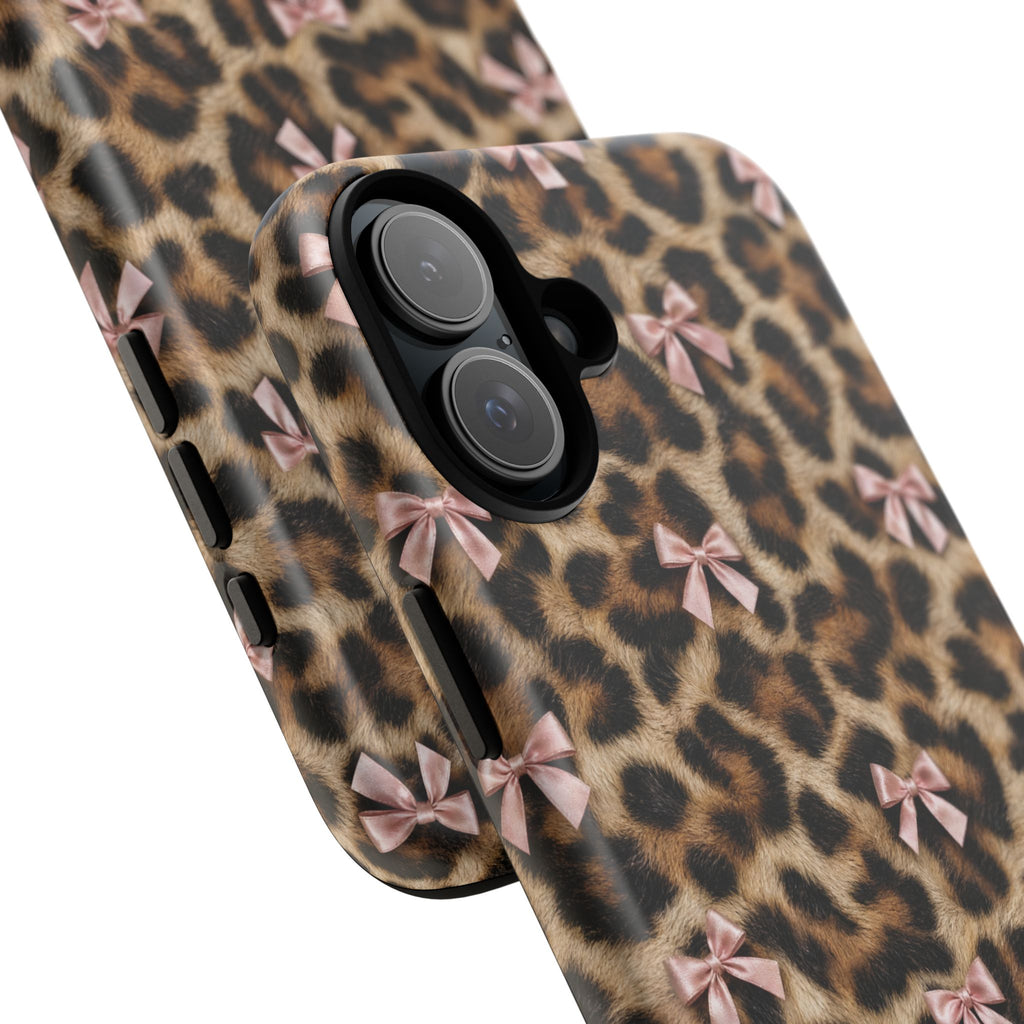 Leopard Print Bow Phone Case - Coquette Pink Ribbon Tough Case for iPhone and Samsung, Real Spot Animal Print