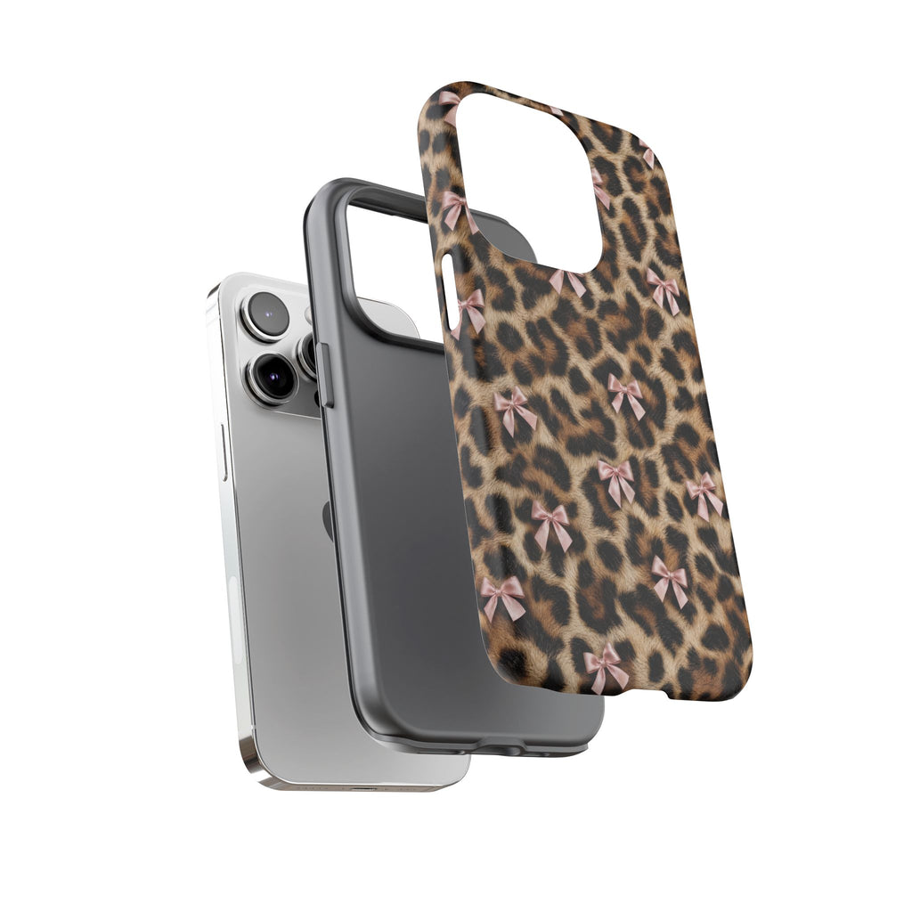 Leopard Print Bow Phone Case - Coquette Pink Ribbon Tough Case for iPhone and Samsung, Real Spot Animal Print