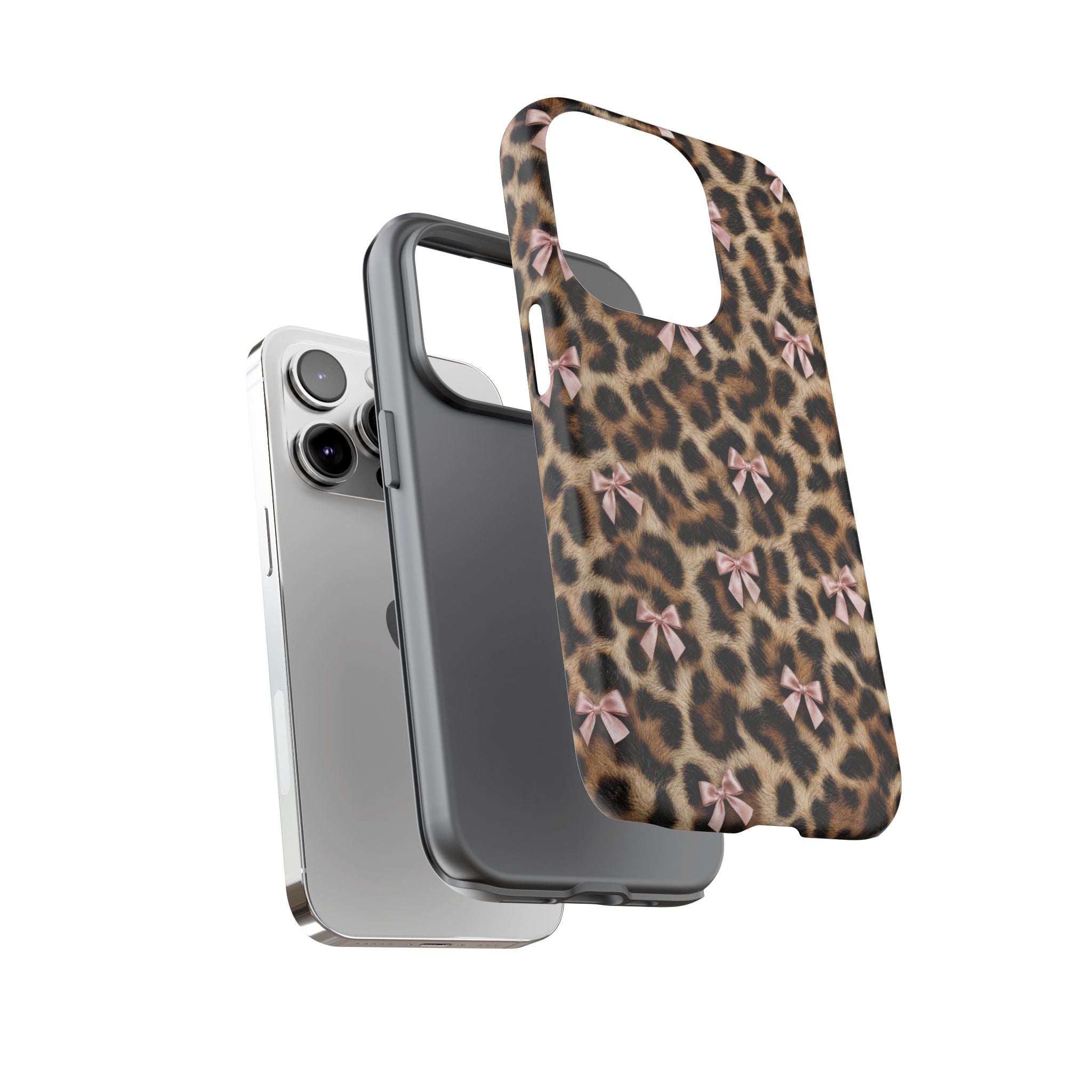 Leopard Print Bow Phone Case - Coquette Pink Ribbon Tough Case for iPhone and Samsung, Real Spot Animal Print