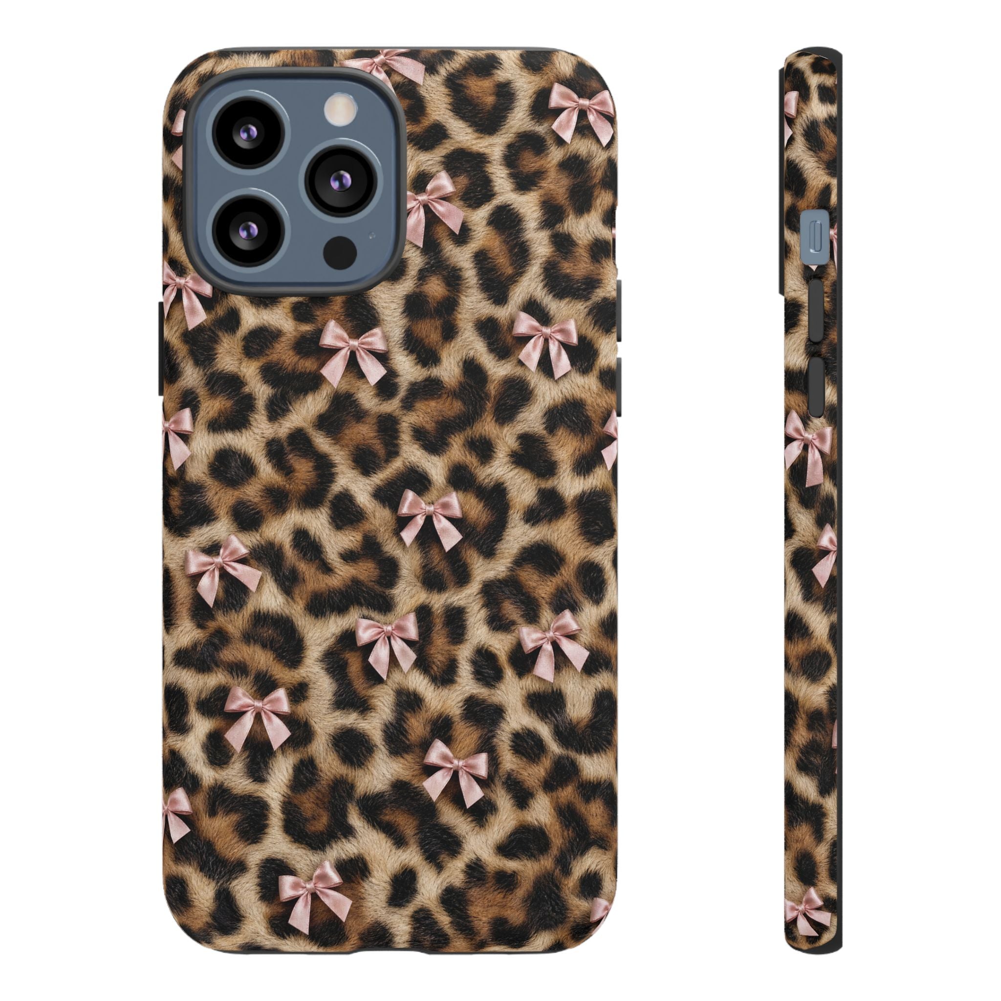Leopard Print Bow Phone Case - Coquette Pink Ribbon Tough Case for iPhone and Samsung, Real Spot Animal Print