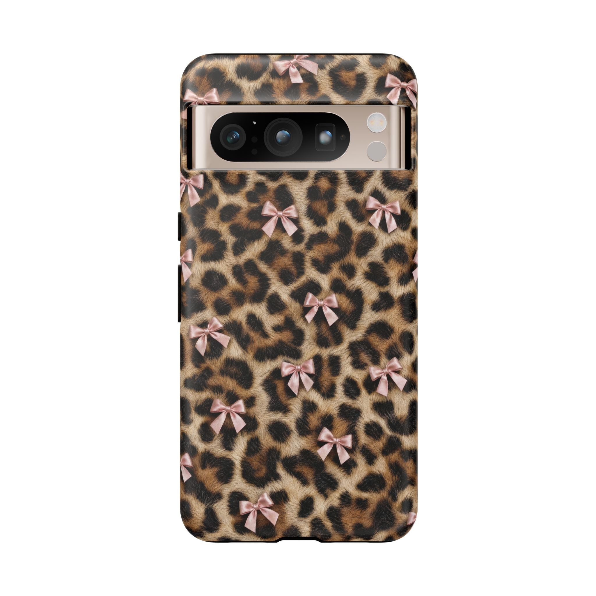 Leopard Print Bow Phone Case - Coquette Pink Ribbon Tough Case for iPhone and Samsung, Real Spot Animal Print