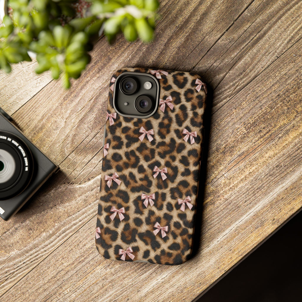 Leopard Print Bow Phone Case - Coquette Pink Ribbon Tough Case for iPhone and Samsung, Real Spot Animal Print