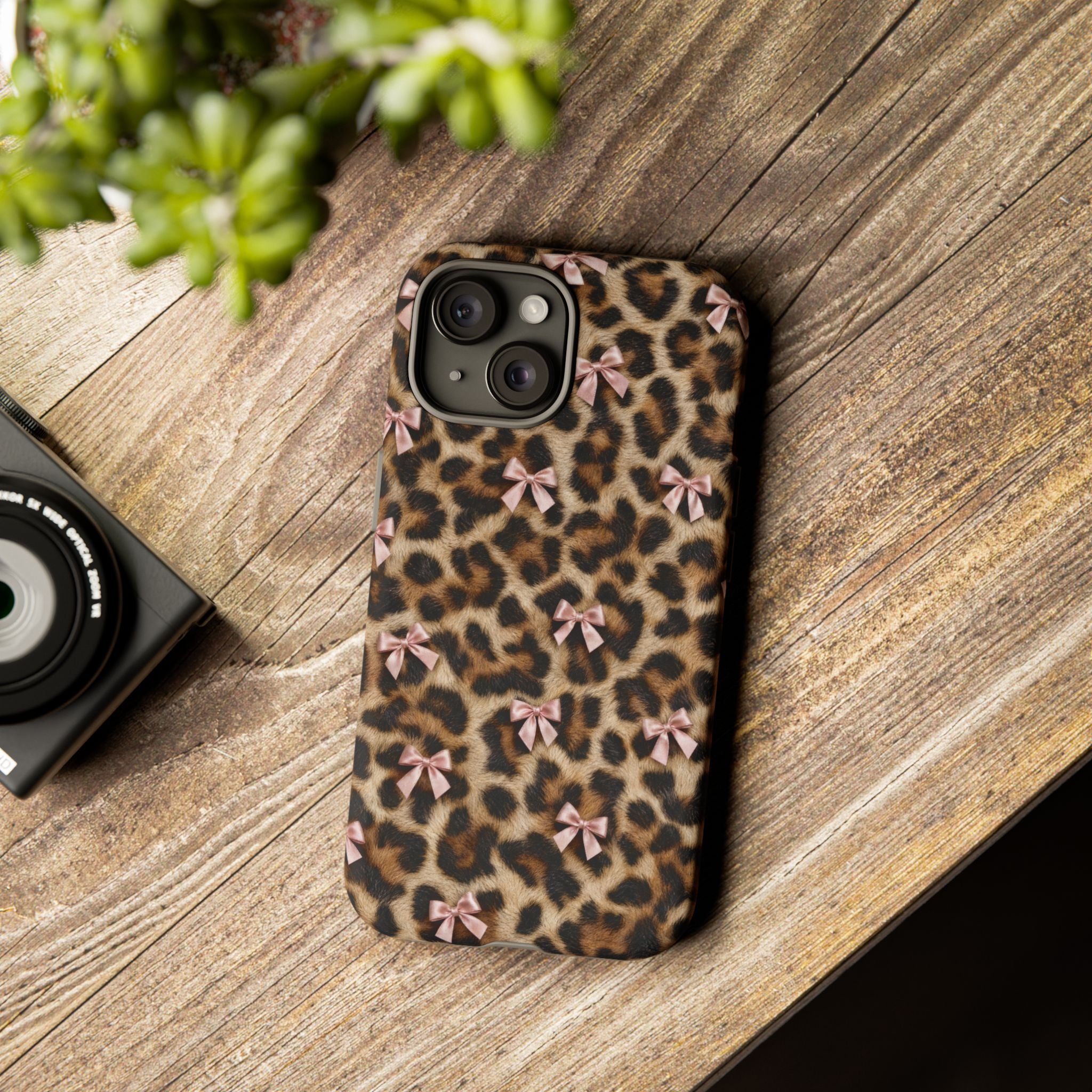 Leopard Print Bow Phone Case - Coquette Pink Ribbon Tough Case for iPhone and Samsung, Real Spot Animal Print
