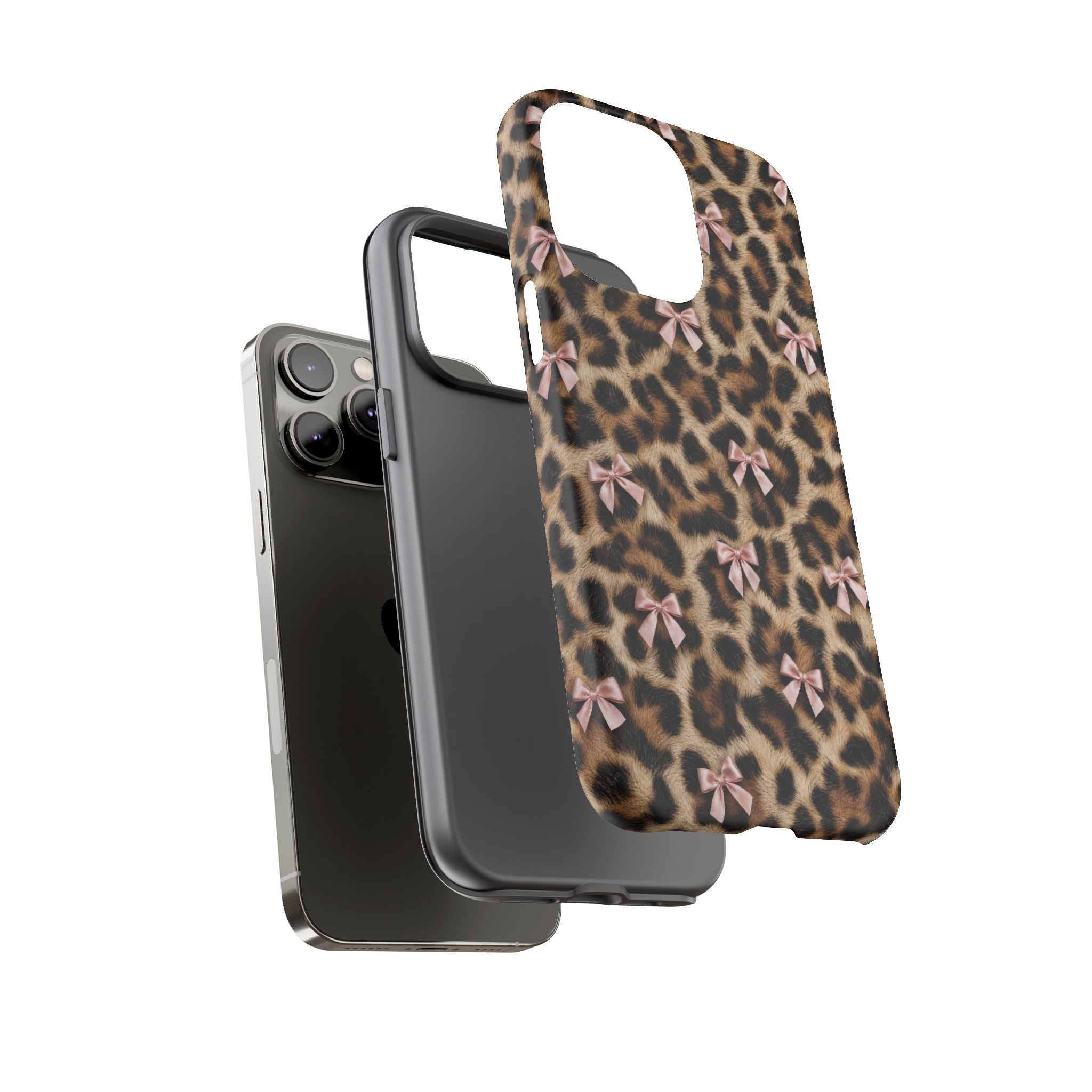 Leopard Print Bow Phone Case - Coquette Pink Ribbon Tough Case for iPhone and Samsung, Real Spot Animal Print