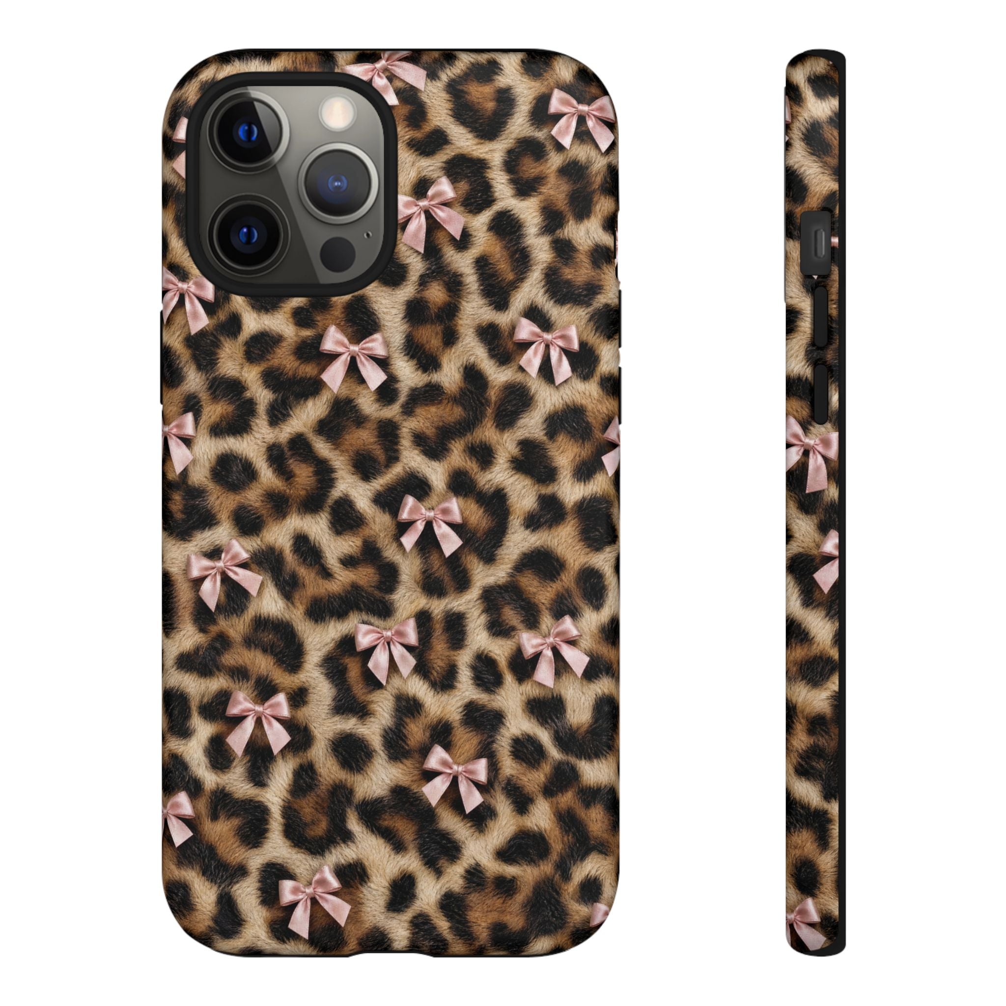 Leopard Print Bow Phone Case - Coquette Pink Ribbon Tough Case for iPhone and Samsung, Real Spot Animal Print
