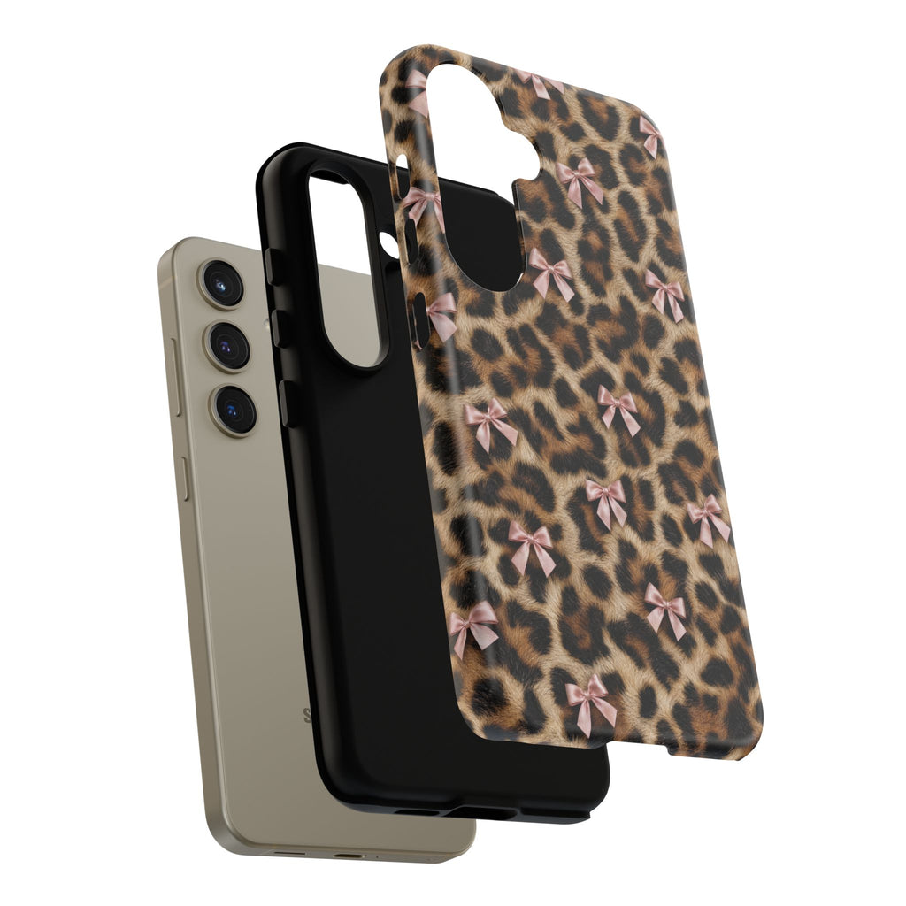 Leopard Print Bow Phone Case - Coquette Pink Ribbon Tough Case for iPhone and Samsung, Real Spot Animal Print