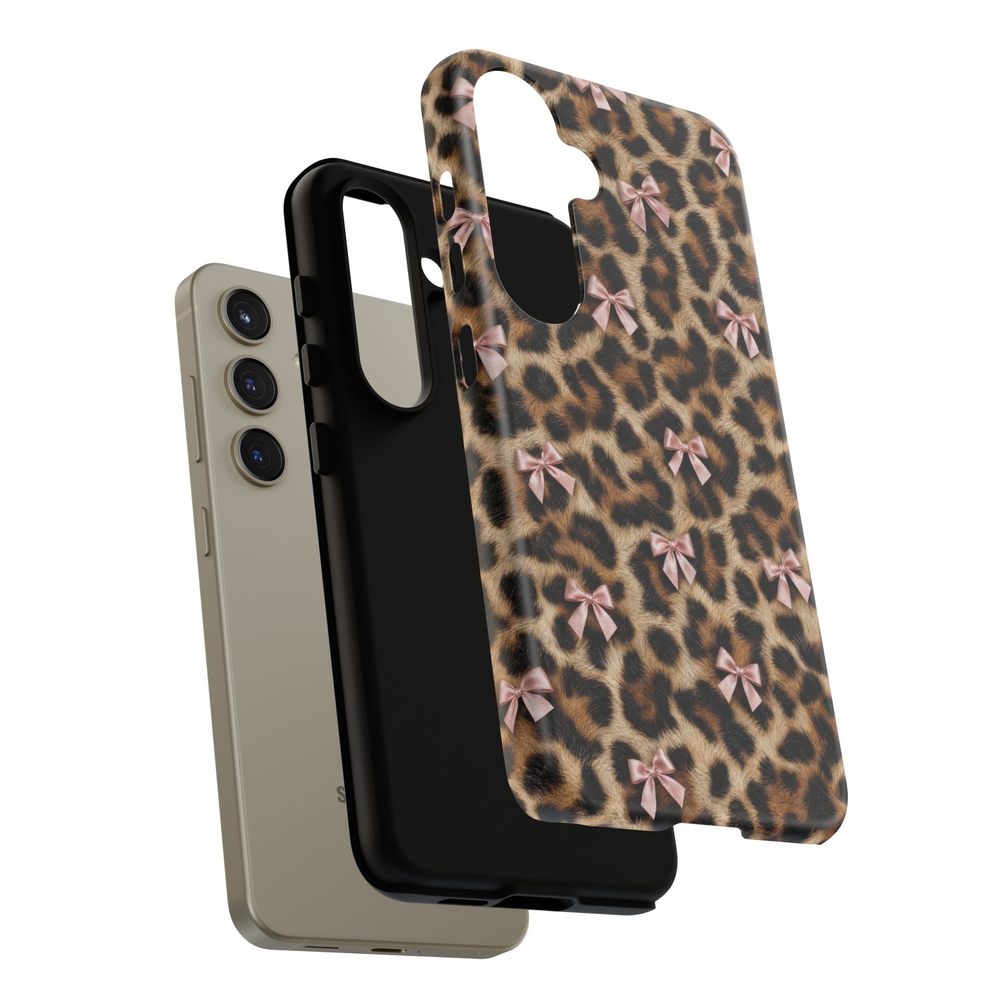Leopard Print Bow Phone Case - Coquette Pink Ribbon Tough Case for iPhone and Samsung, Real Spot Animal Print