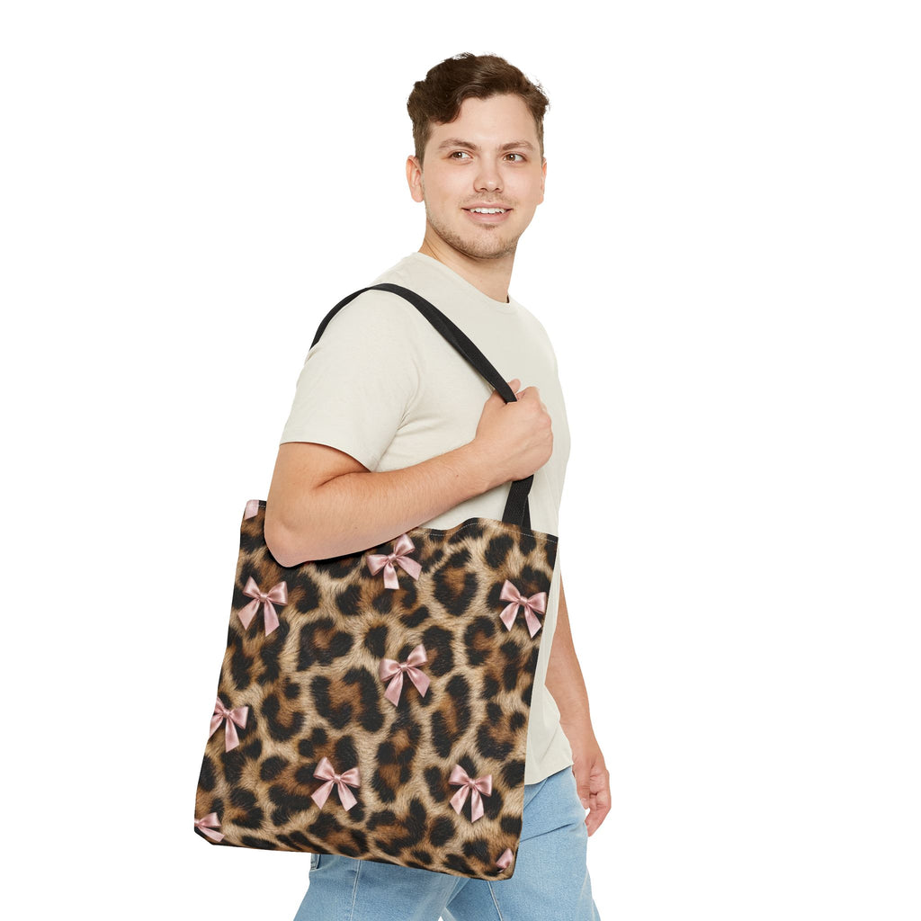 Leopard Print Bow Tote Bag - Coquette Pink Ribbon Canvas Tote, Real Spot Animal Print Shoulder Bag, 3 Sizes