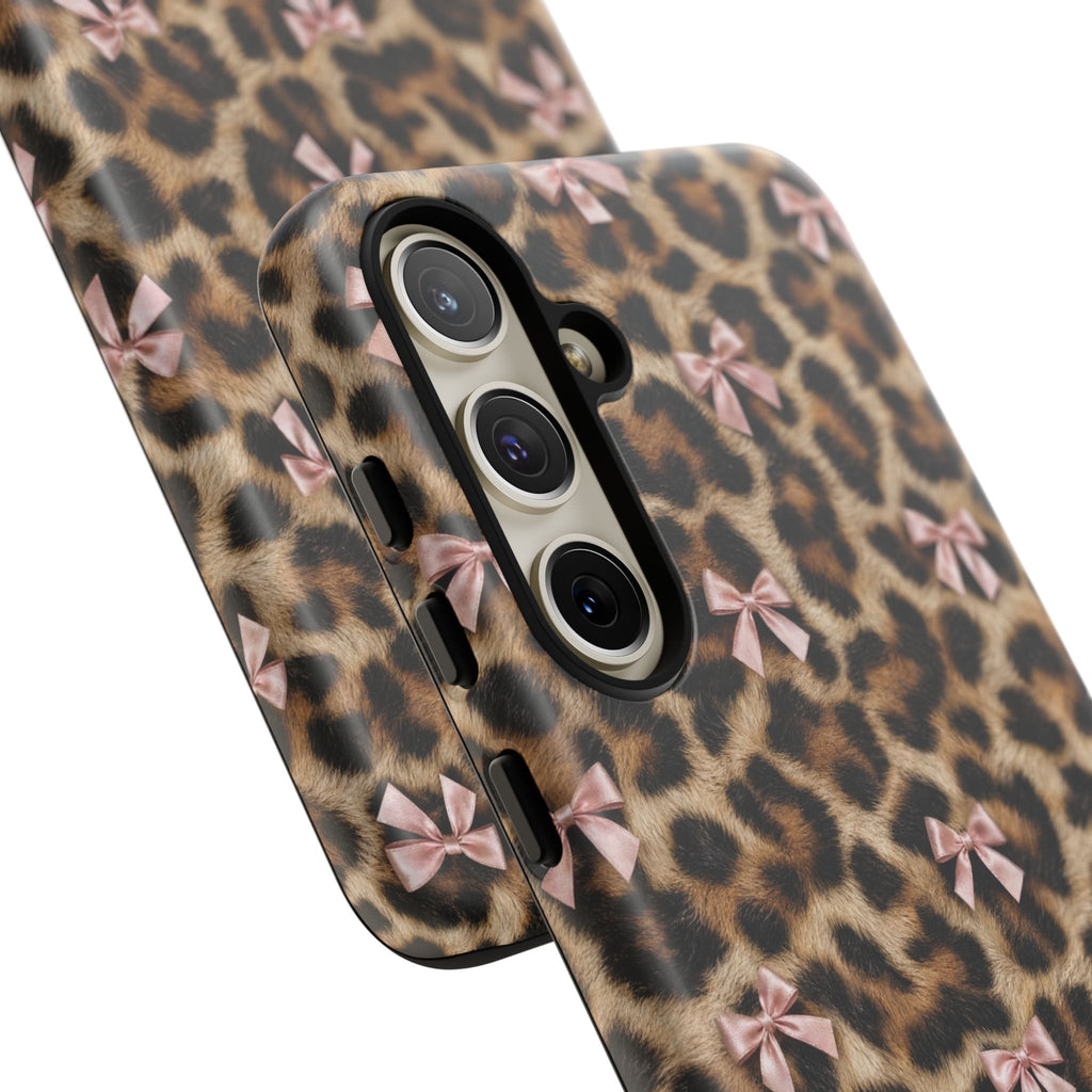 Leopard Print Bow Phone Case - Coquette Pink Ribbon Tough Case for iPhone and Samsung, Real Spot Animal Print