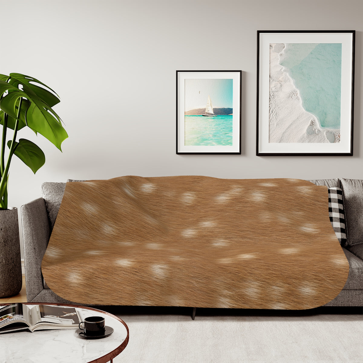 Fawn deer print sherpa blanket in warm russet tan with creamy dapples
