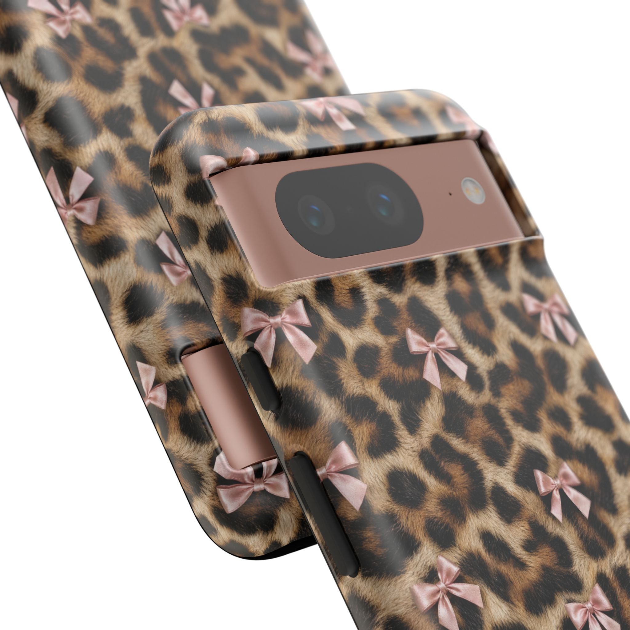 Leopard Print Bow Phone Case - Coquette Pink Ribbon Tough Case for iPhone and Samsung, Real Spot Animal Print