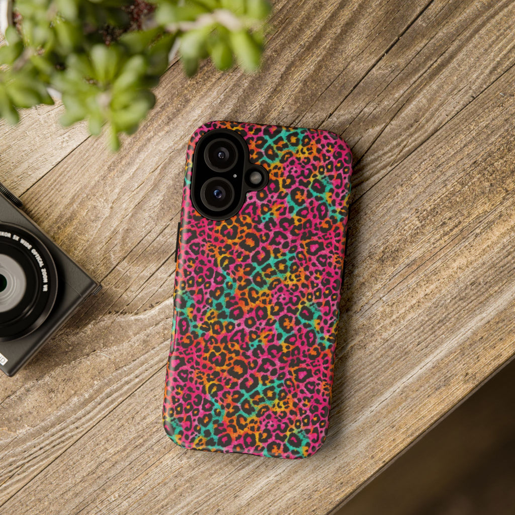 Rainbow Leopard Print Phone Case - Neon Cheetah Tough Case for iPhone and Samsung, Bright Y2K Animal Print