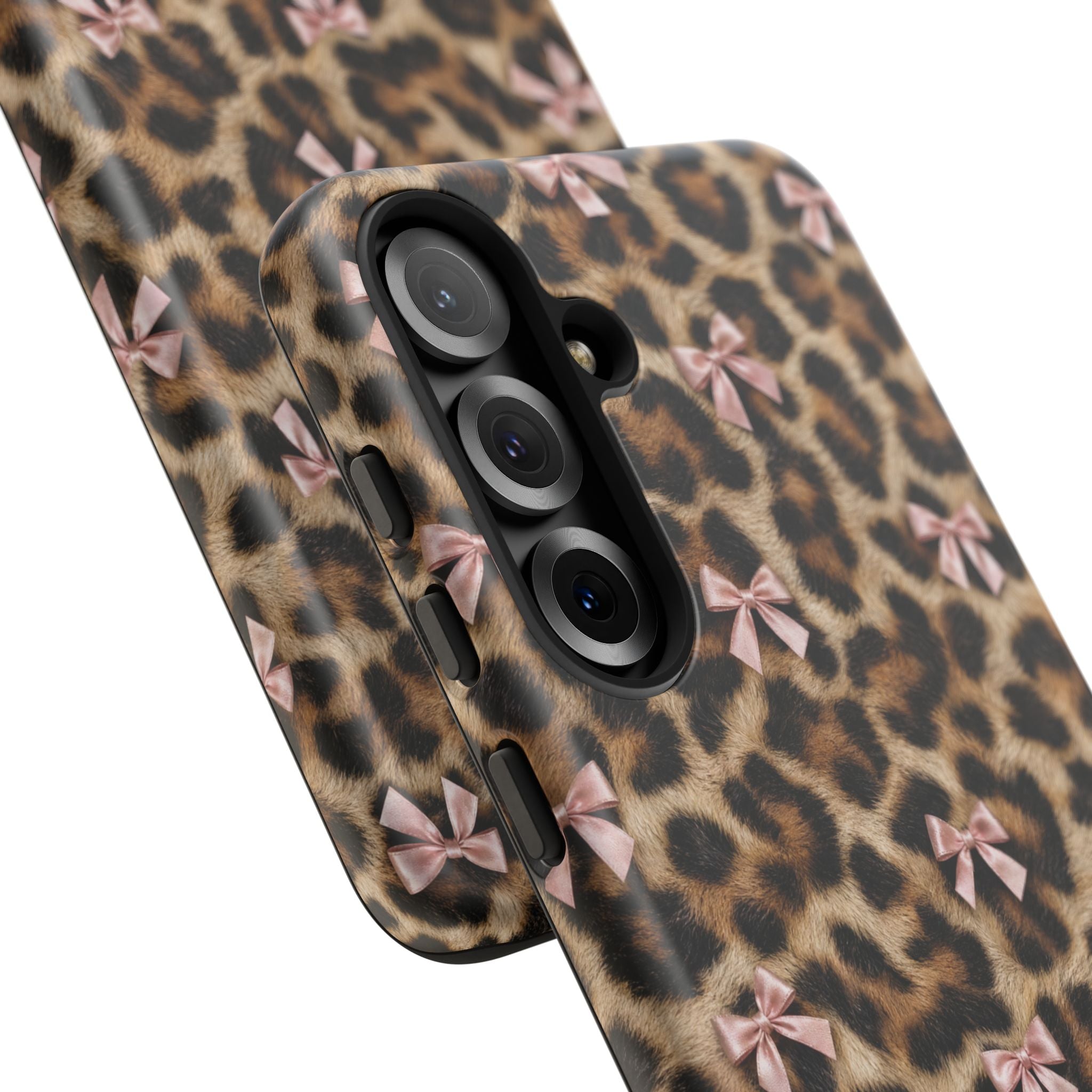 Leopard Print Bow Phone Case - Coquette Pink Ribbon Tough Case for iPhone and Samsung, Real Spot Animal Print