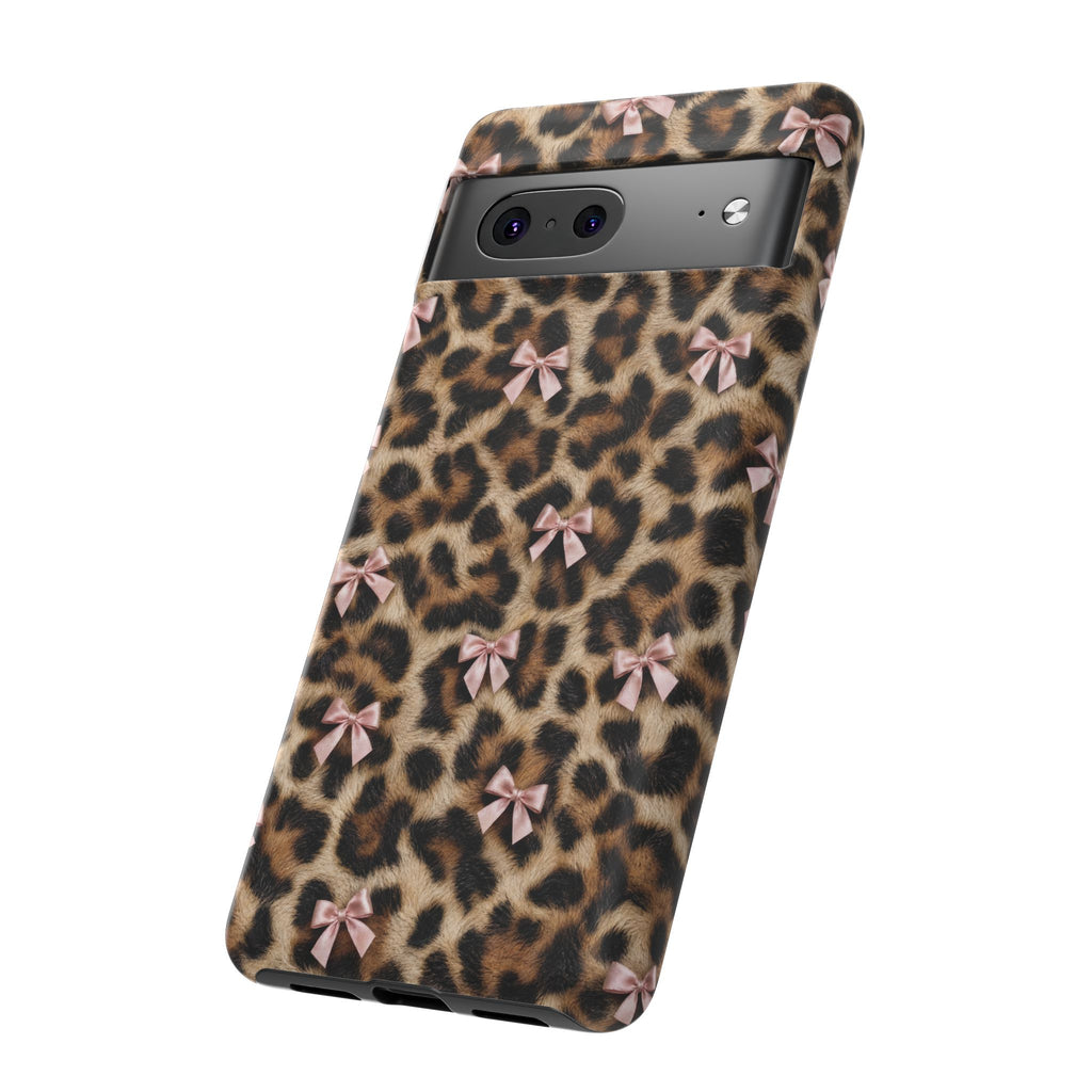 Leopard Print Bow Phone Case - Coquette Pink Ribbon Tough Case for iPhone and Samsung, Real Spot Animal Print