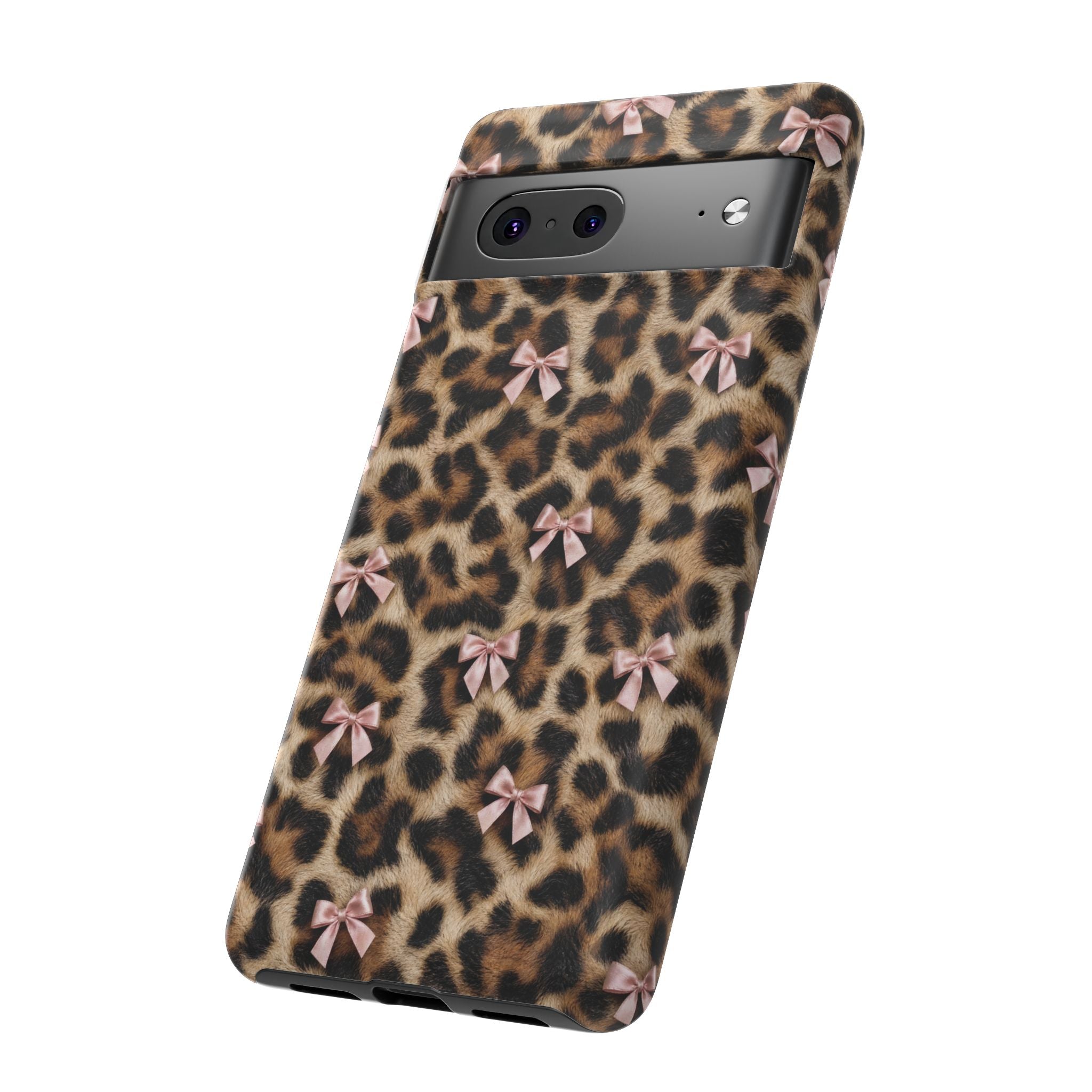 Leopard Print Bow Phone Case - Coquette Pink Ribbon Tough Case for iPhone and Samsung, Real Spot Animal Print