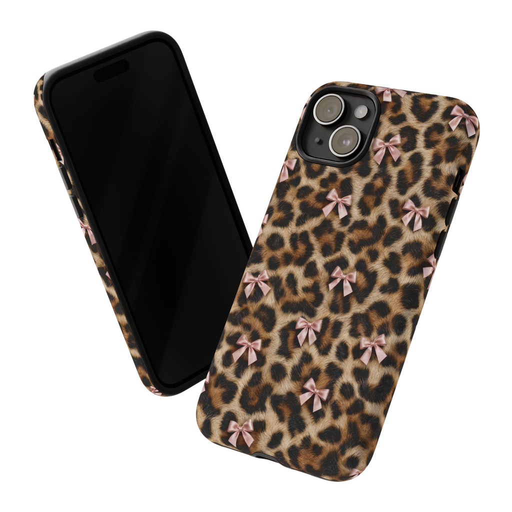 Leopard Print Bow Phone Case - Coquette Pink Ribbon Tough Case for iPhone and Samsung, Real Spot Animal Print
