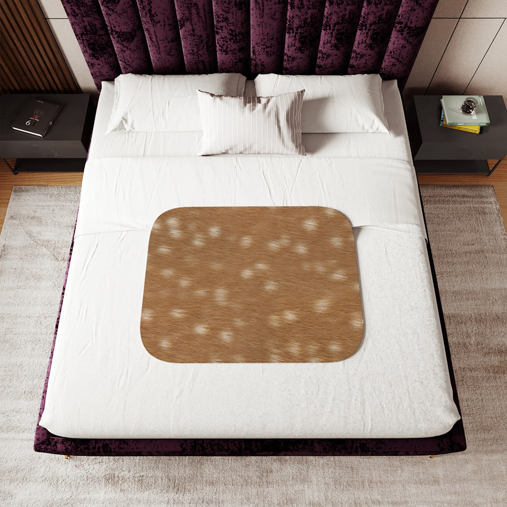 Fawn deer print sherpa blanket in warm russet tan with creamy dapples
