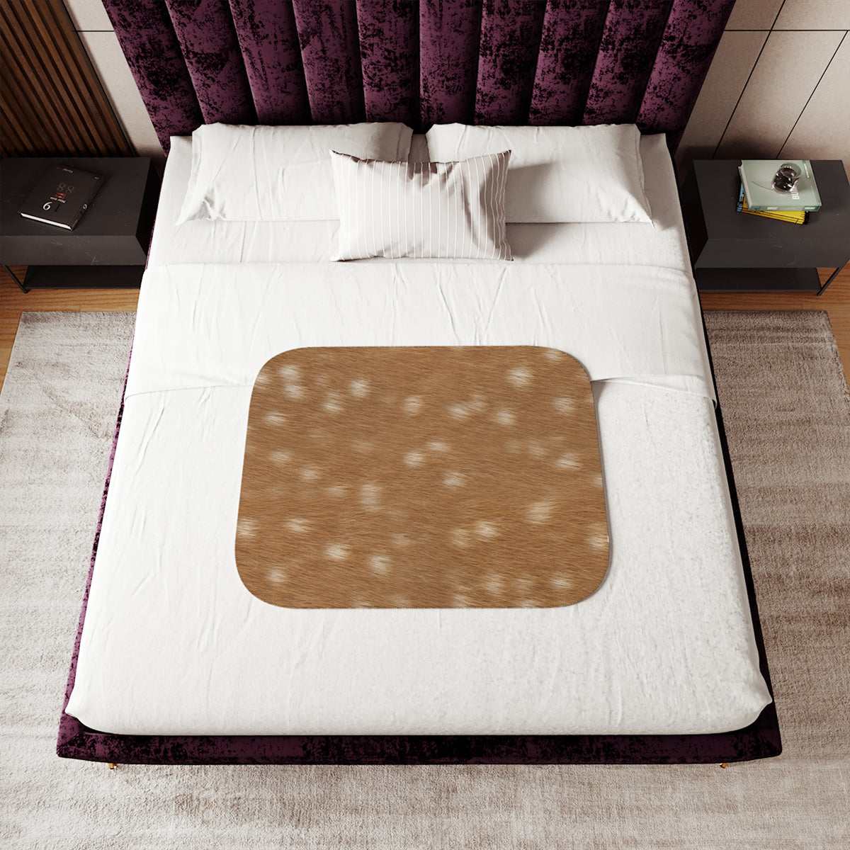 Fawn deer print sherpa blanket in warm russet tan with creamy dapples
