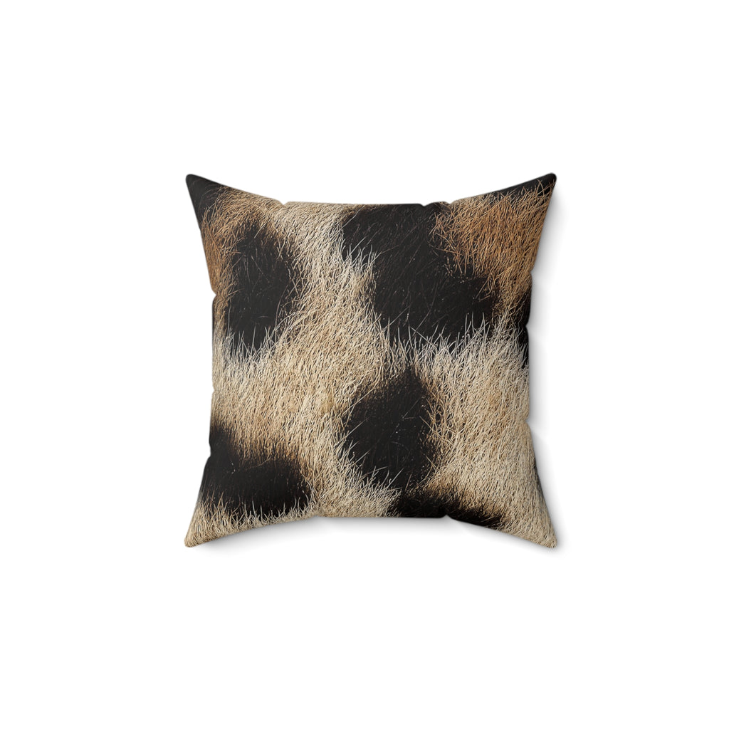 Leopard print throw pillow — wrap-around photoreal fur print, front view
