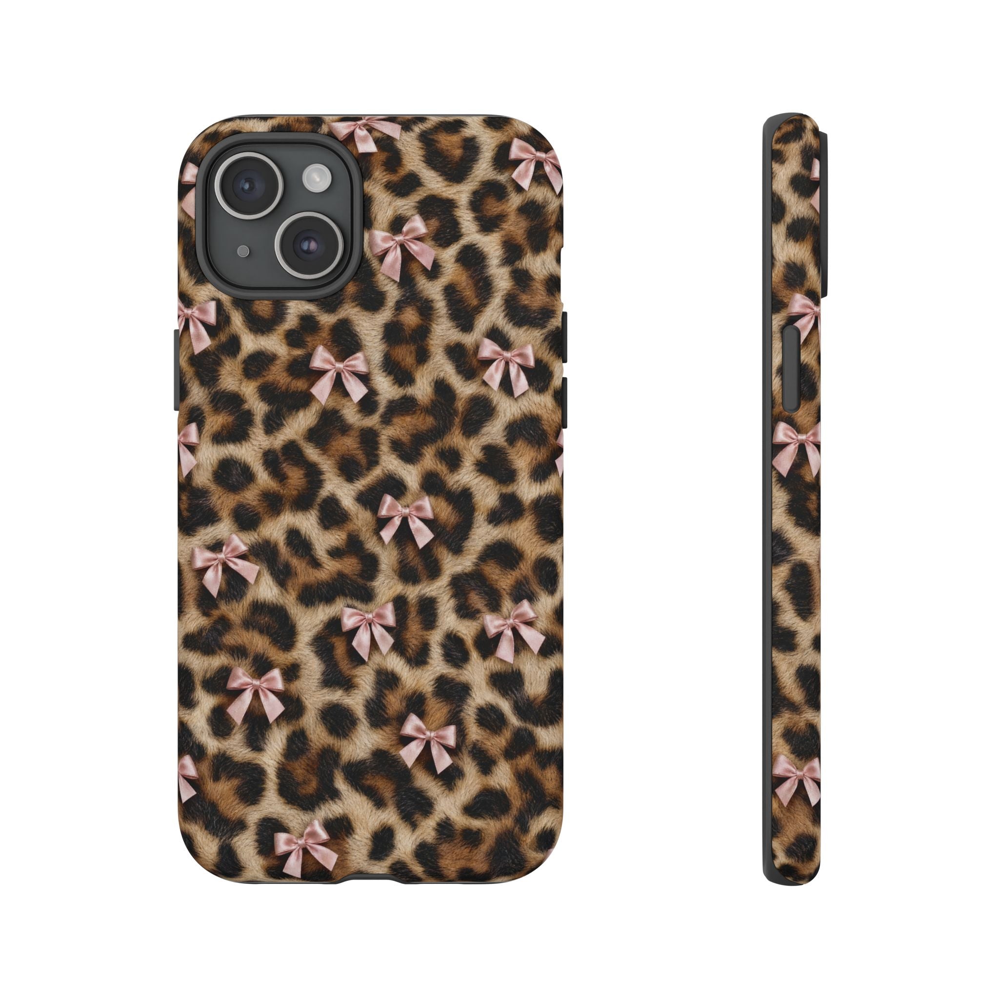 Leopard Print Bow Phone Case - Coquette Pink Ribbon Tough Case for iPhone and Samsung, Real Spot Animal Print