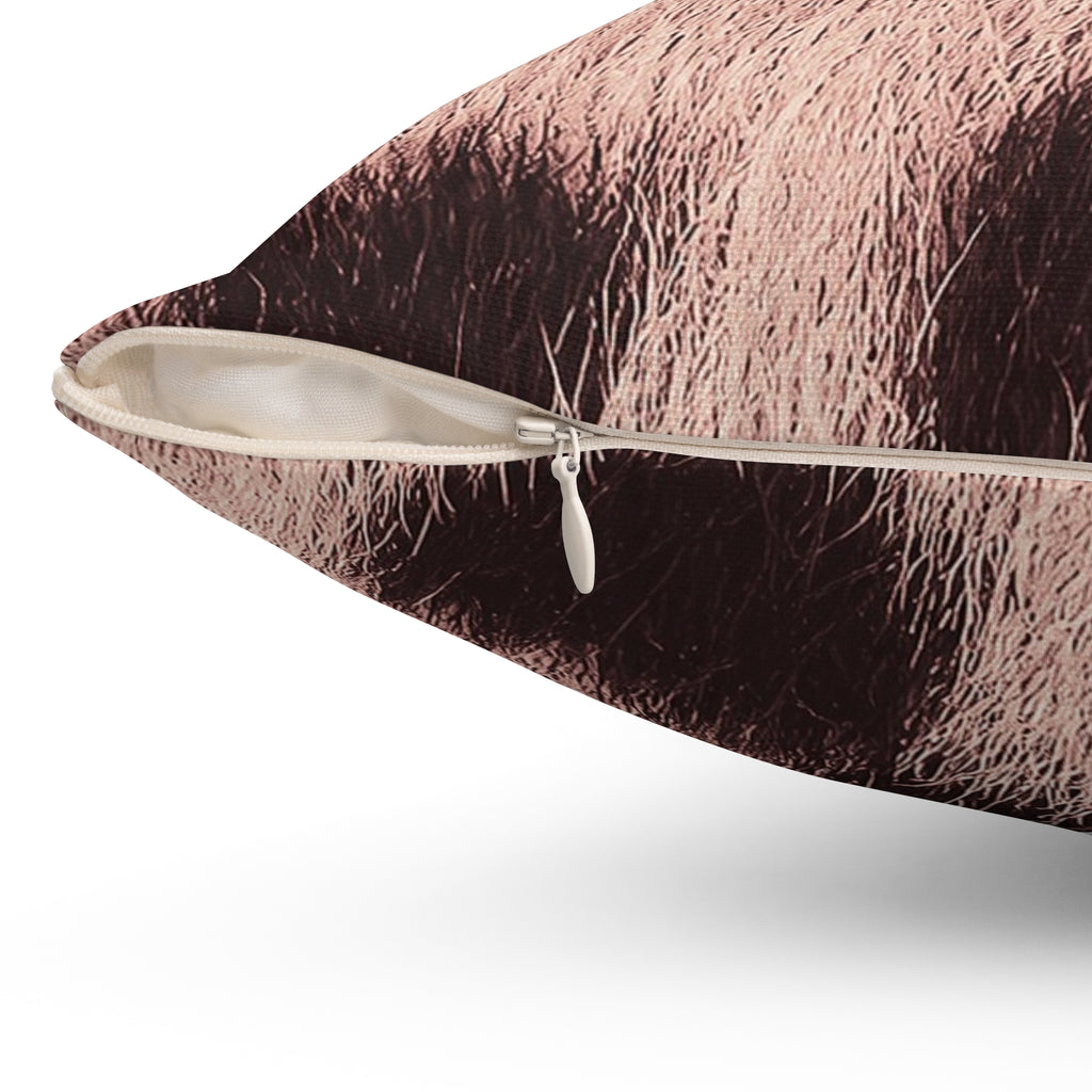 Blush leopard print cushion detail — soft pink rosettes and hair strands