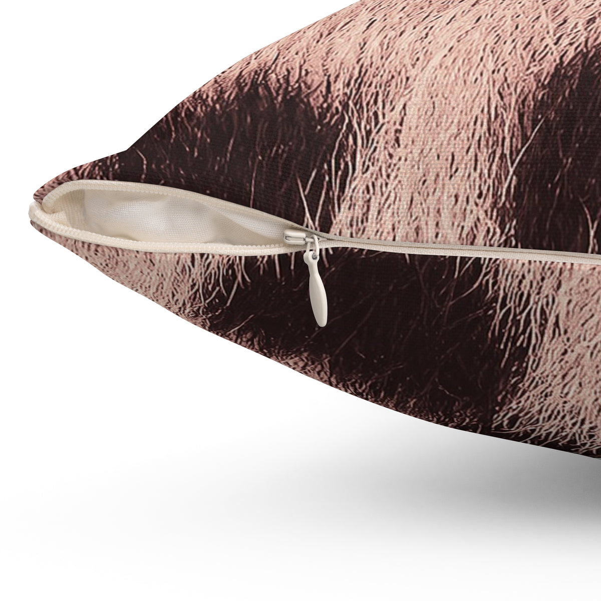 Blush leopard print cushion detail — soft pink rosettes and hair strands