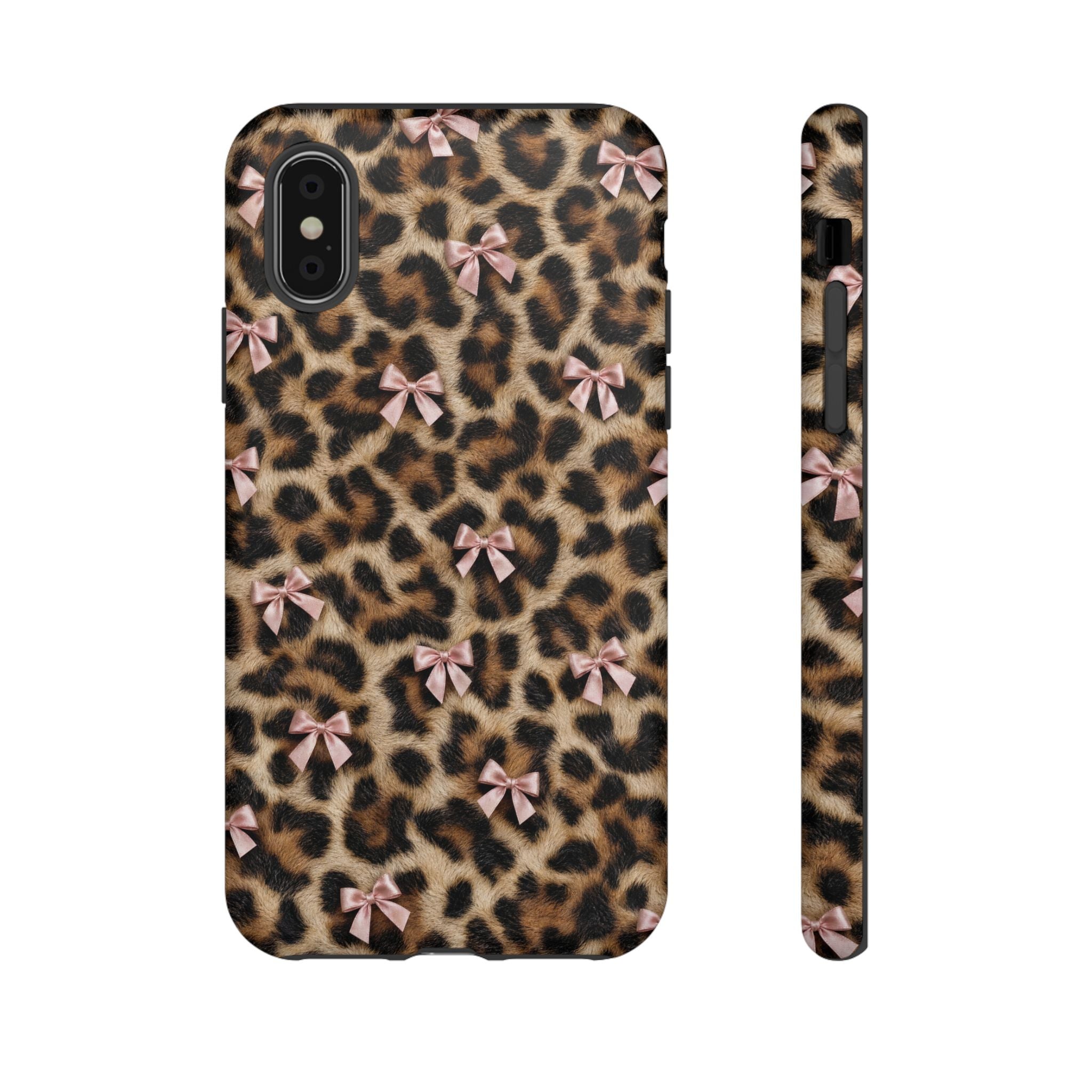 Leopard Print Bow Phone Case - Coquette Pink Ribbon Tough Case for iPhone and Samsung, Real Spot Animal Print