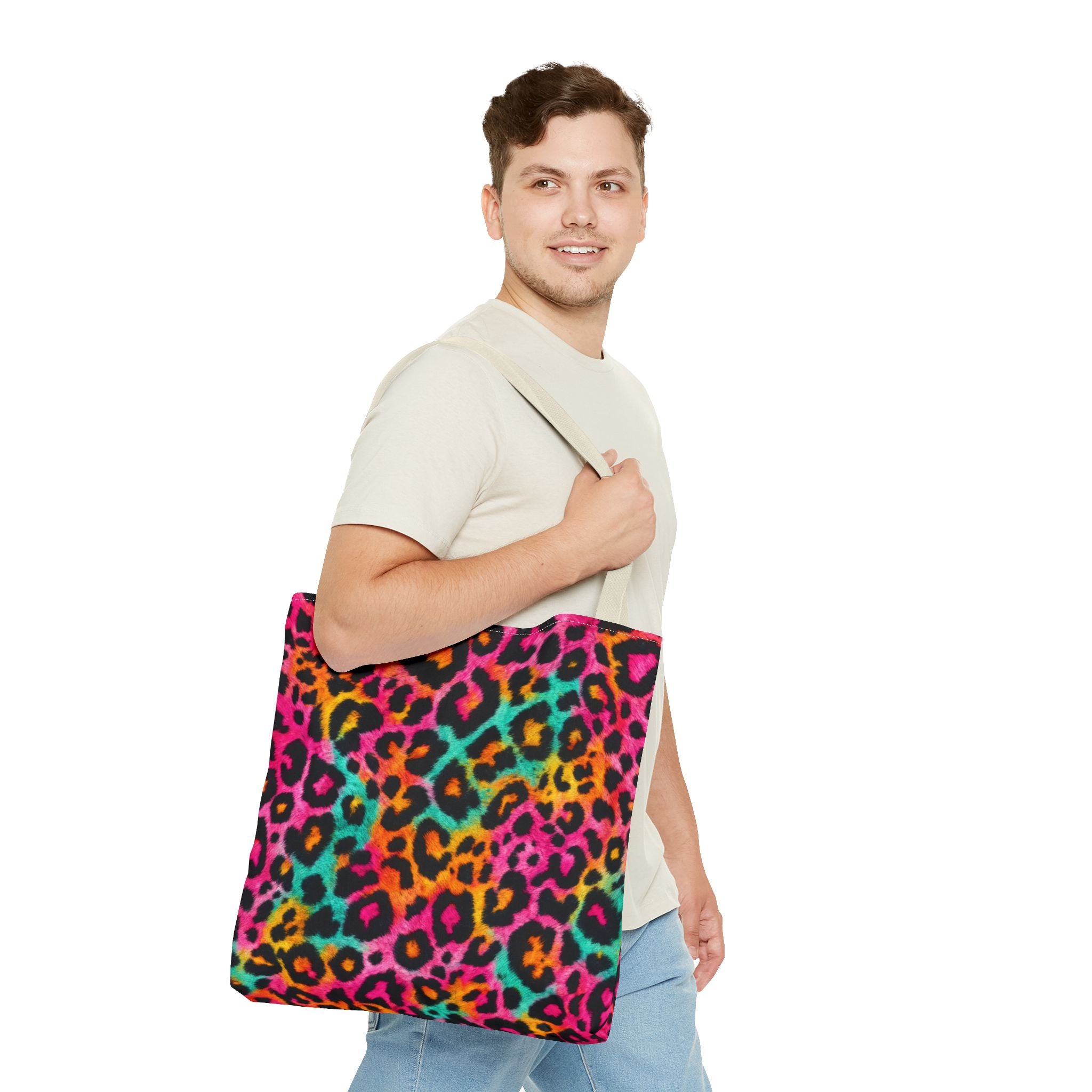 Rainbow Leopard Print Tote Bag - Neon Cheetah Canvas Tote, Bright Y2K Animal Print Shoulder Bag, 3 Sizes