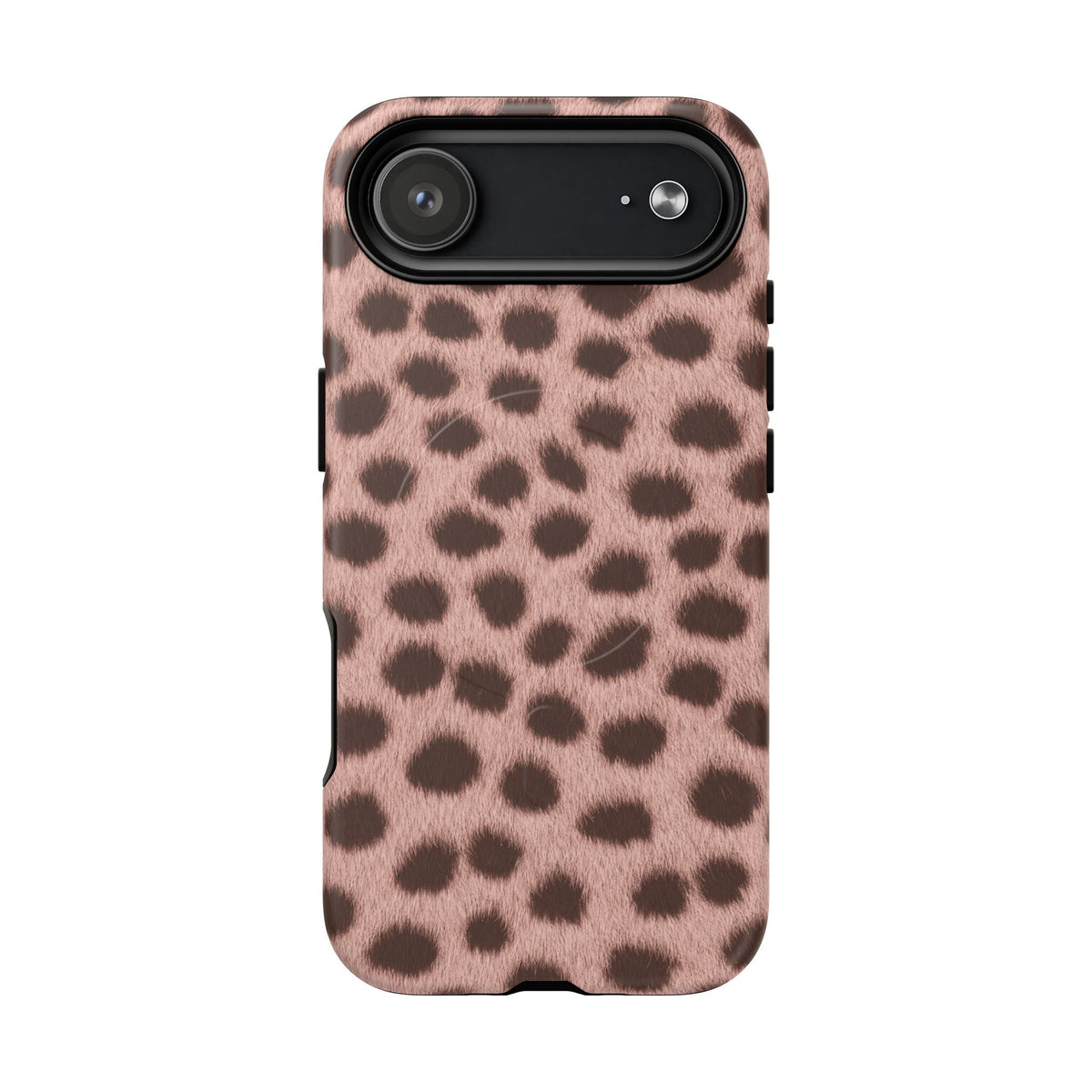 Close-up of photographic cheetah spots in soft pink on a tough case