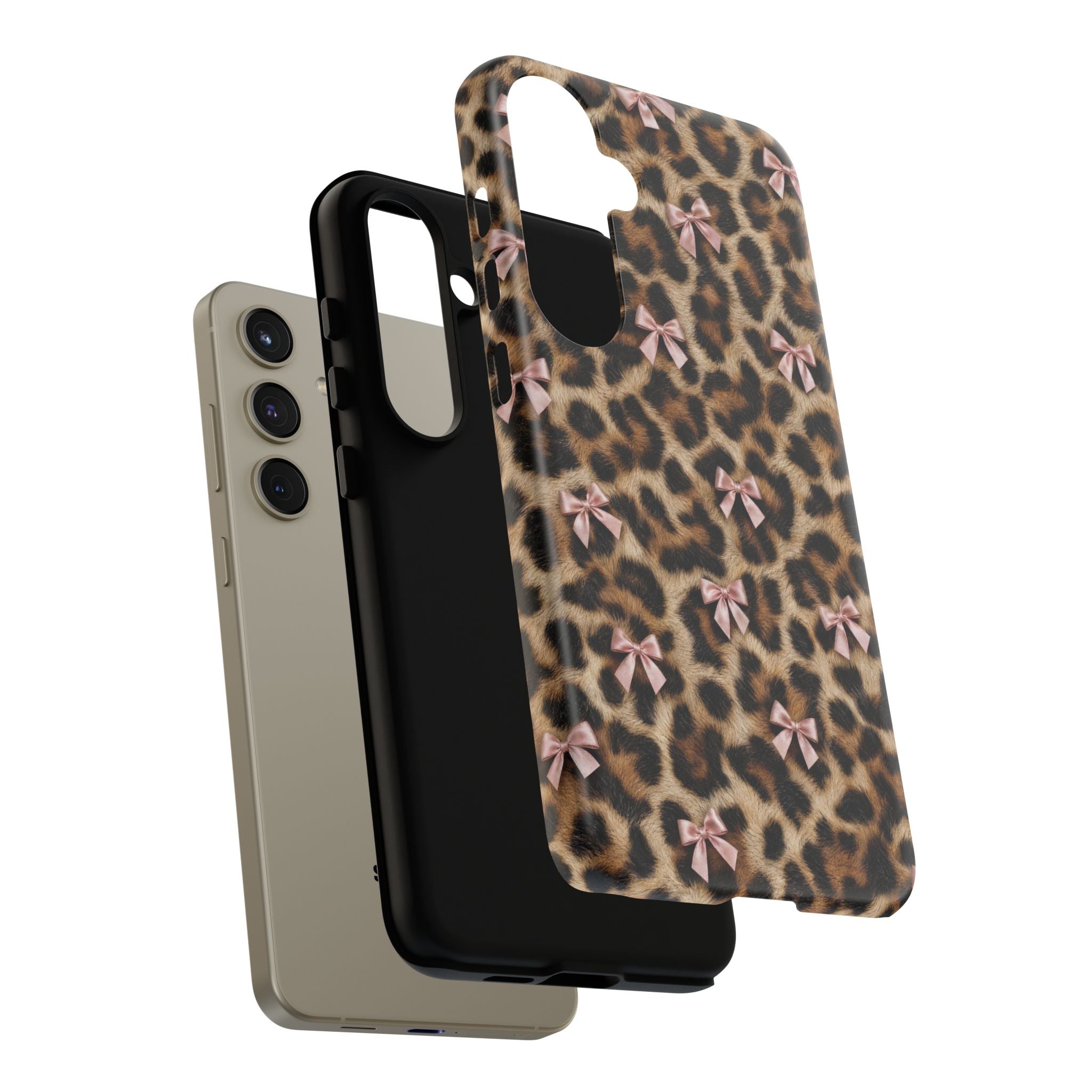 Leopard Print Bow Phone Case - Coquette Pink Ribbon Tough Case for iPhone and Samsung, Real Spot Animal Print