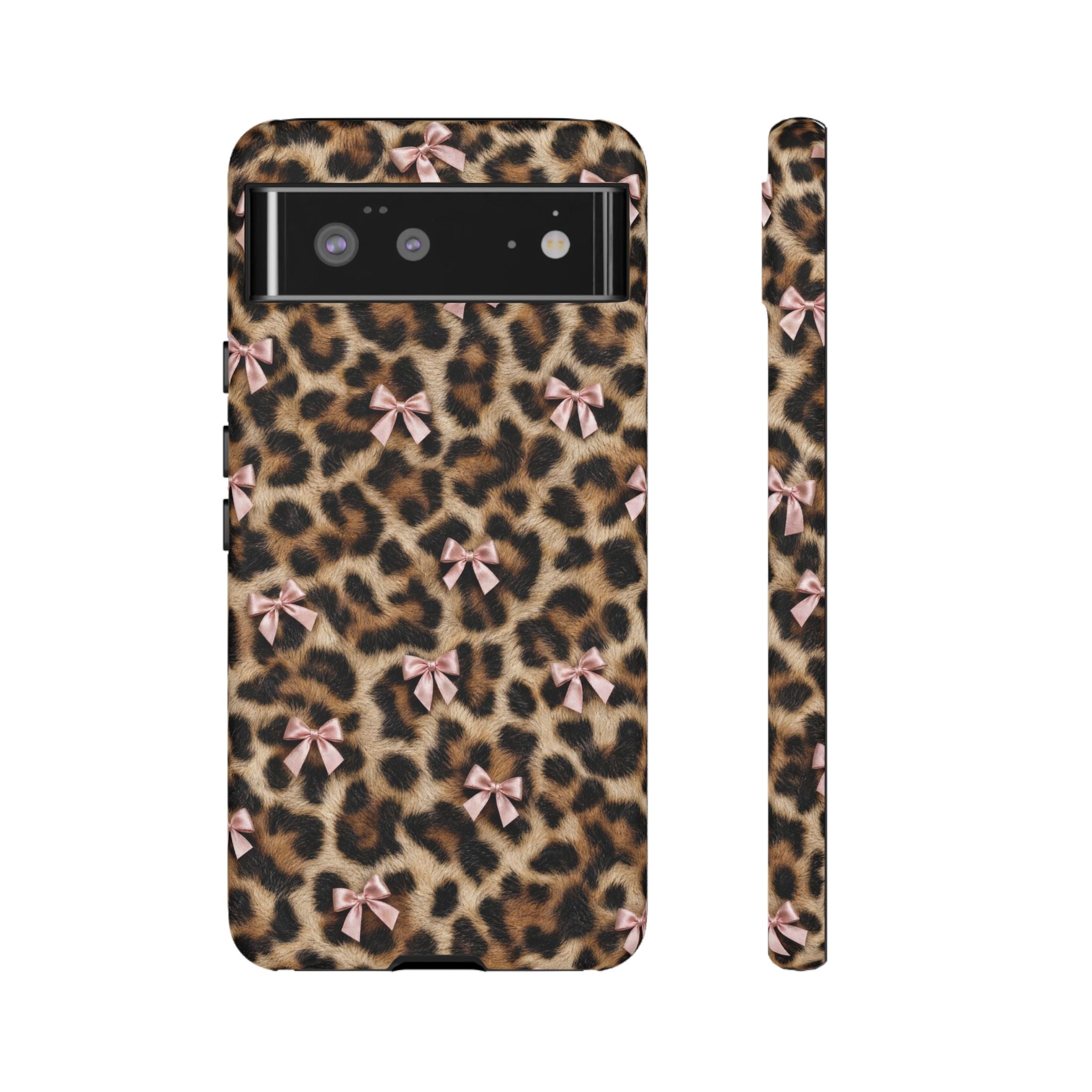 Leopard Print Bow Phone Case - Coquette Pink Ribbon Tough Case for iPhone and Samsung, Real Spot Animal Print