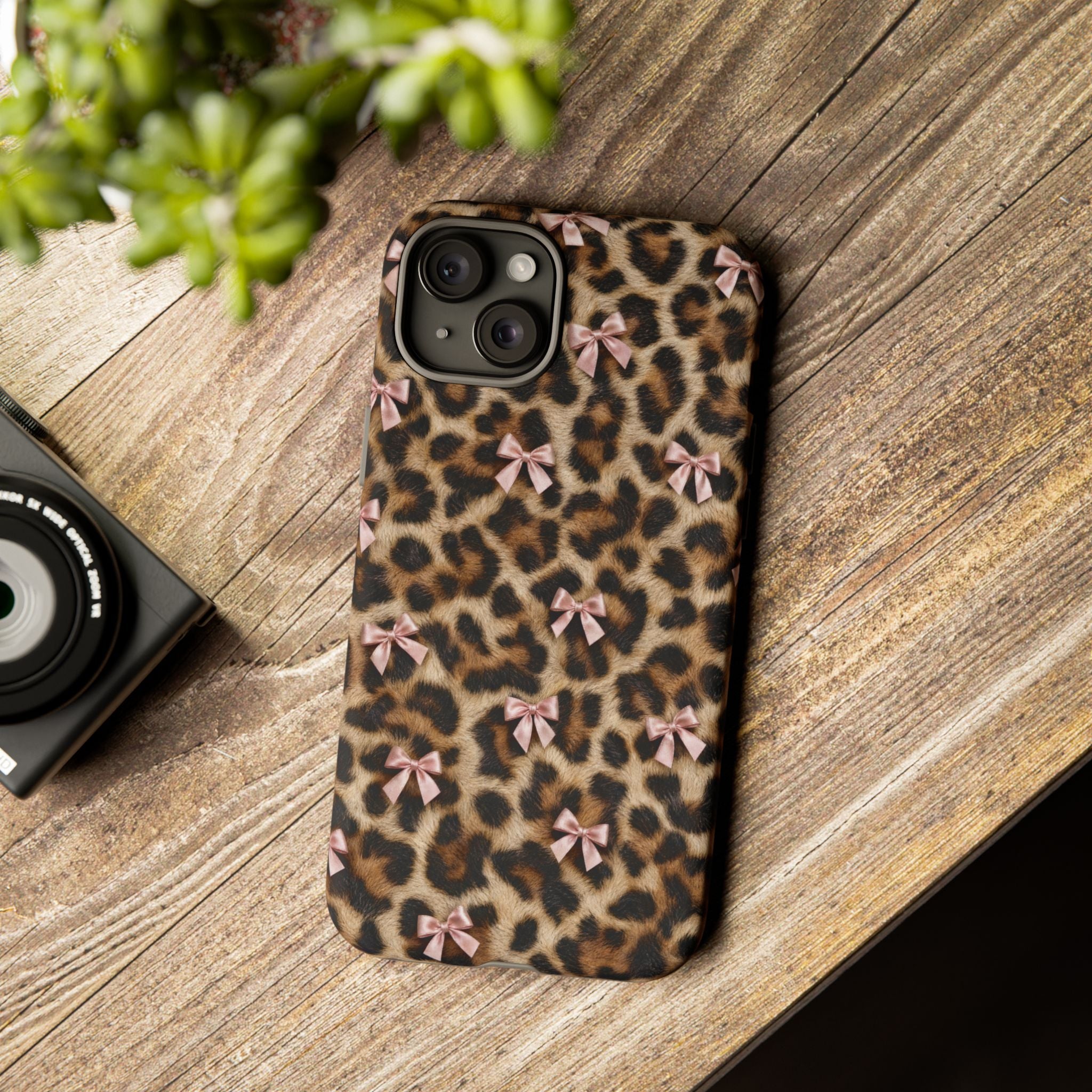 Leopard Print Bow Phone Case - Coquette Pink Ribbon Tough Case for iPhone and Samsung, Real Spot Animal Print