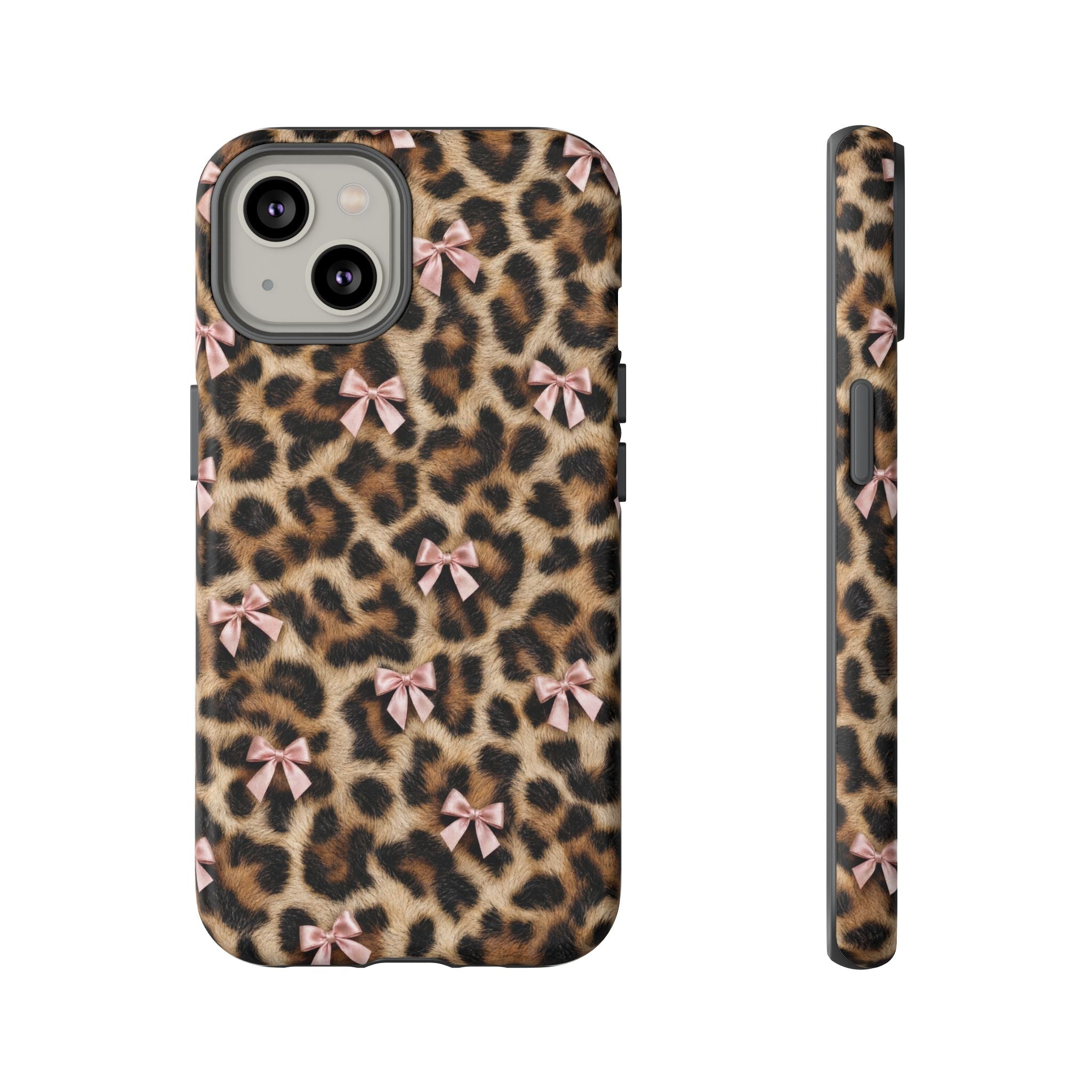 Leopard Print Bow Phone Case - Coquette Pink Ribbon Tough Case for iPhone and Samsung, Real Spot Animal Print