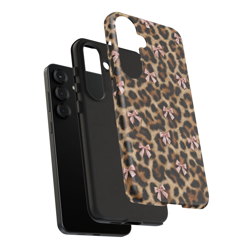 Leopard Print Bow Phone Case - Coquette Pink Ribbon Tough Case for iPhone and Samsung, Real Spot Animal Print