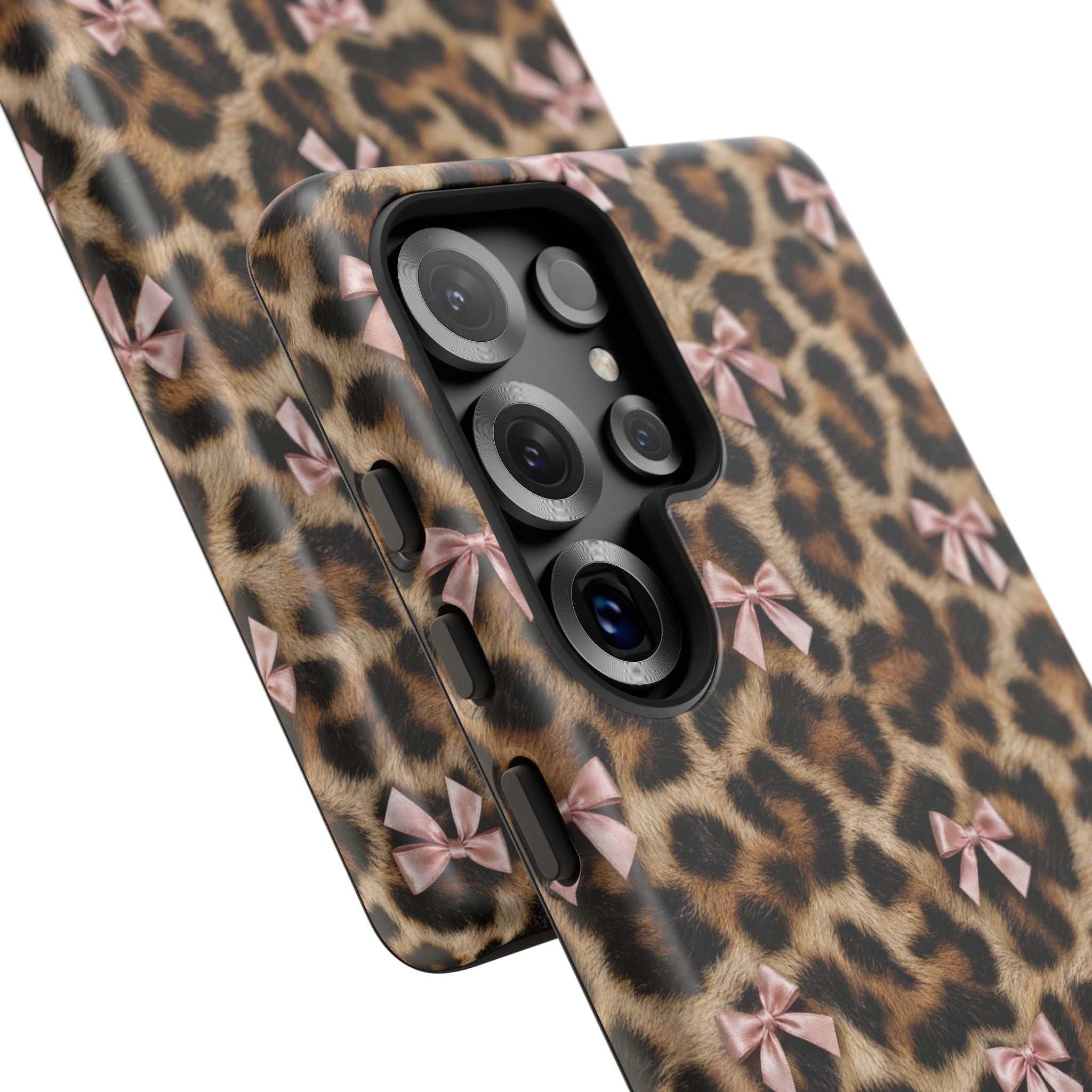 Leopard Print Bow Phone Case - Coquette Pink Ribbon Tough Case for iPhone and Samsung, Real Spot Animal Print