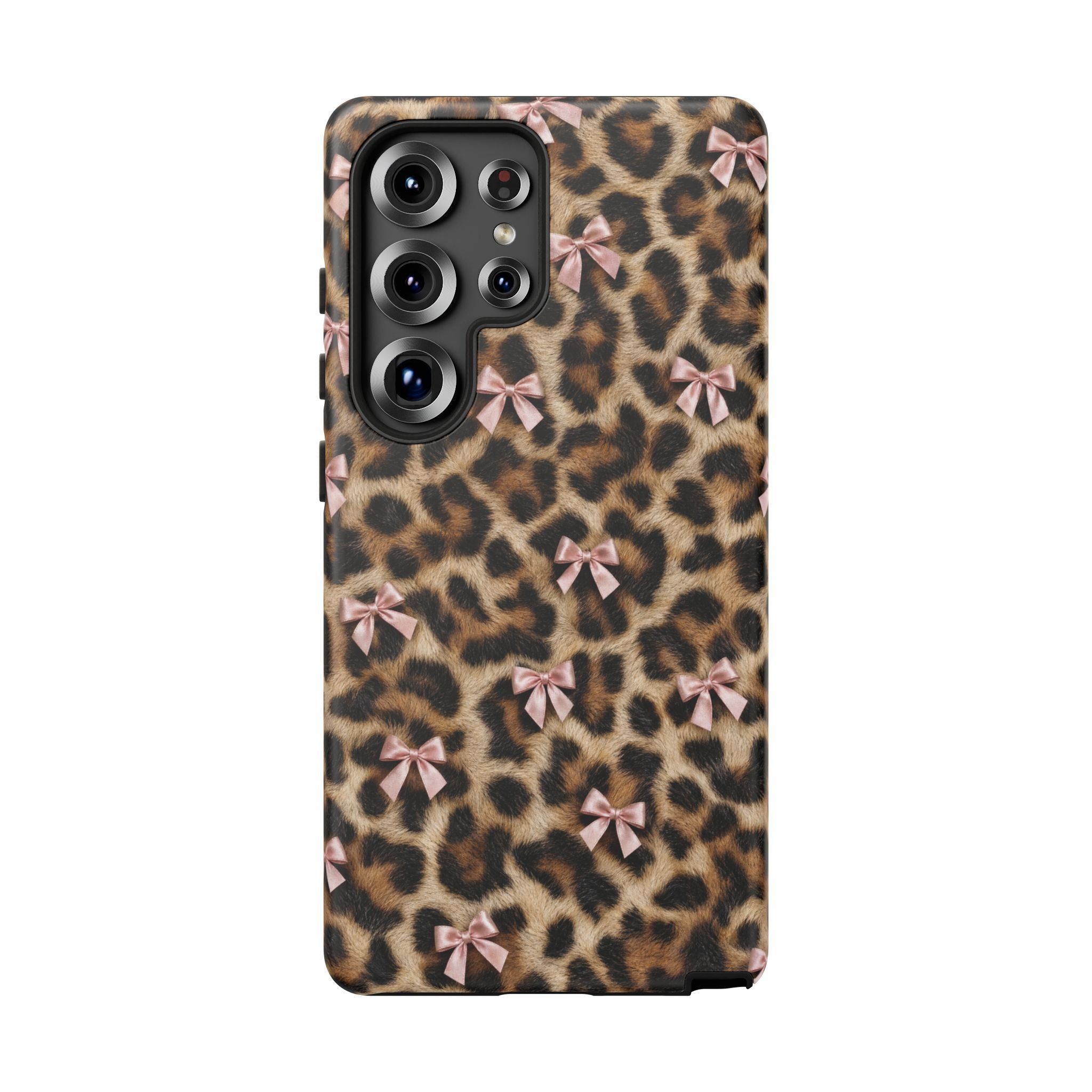 Leopard Print Bow Phone Case - Coquette Pink Ribbon Tough Case for iPhone and Samsung, Real Spot Animal Print