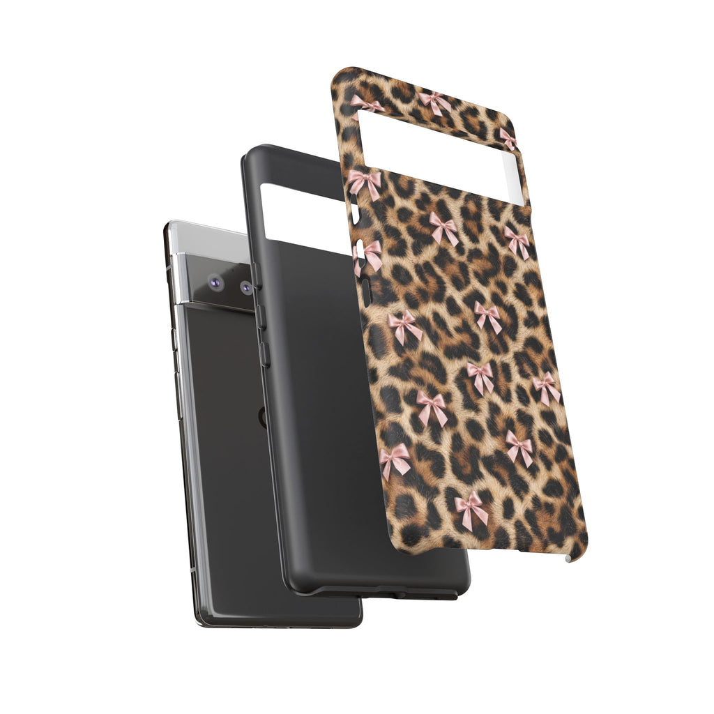 Leopard Print Bow Phone Case - Coquette Pink Ribbon Tough Case for iPhone and Samsung, Real Spot Animal Print