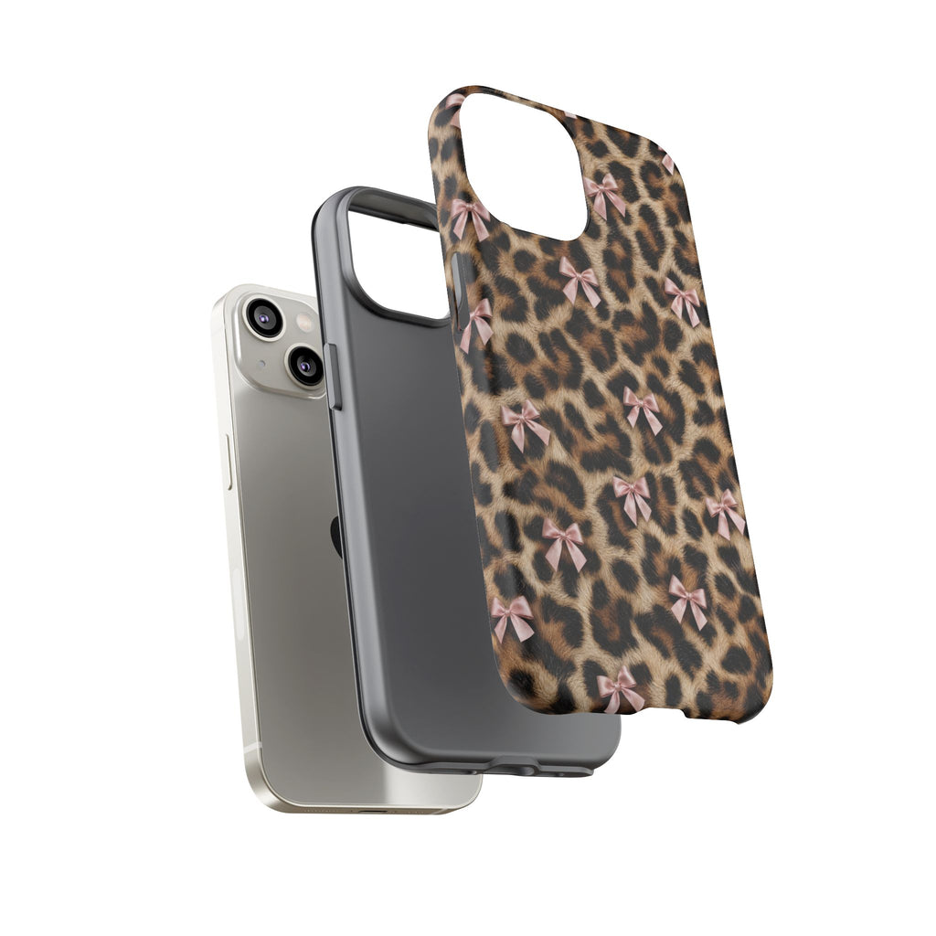 Leopard Print Bow Phone Case - Coquette Pink Ribbon Tough Case for iPhone and Samsung, Real Spot Animal Print