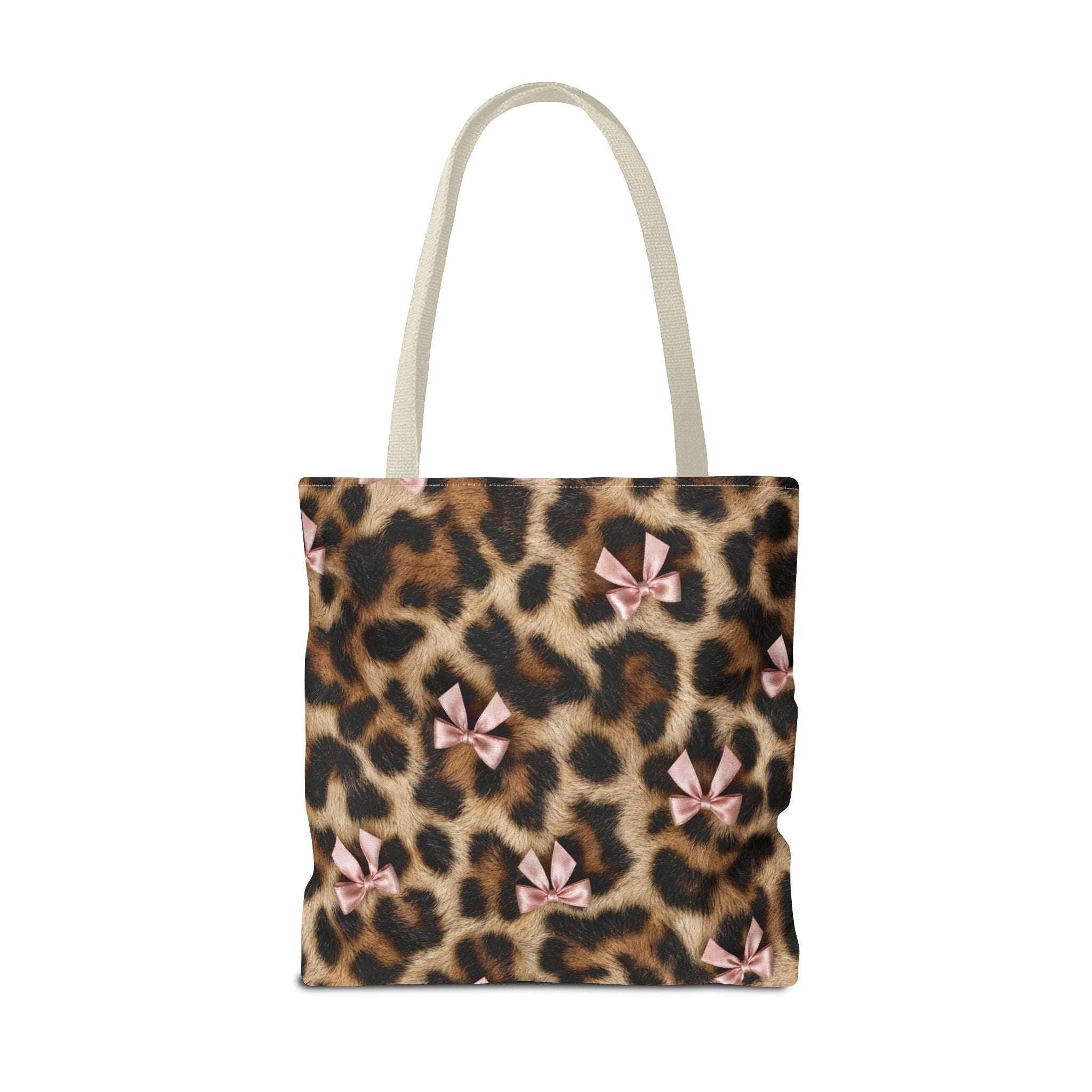 Leopard Print Bow Tote Bag - Coquette Pink Ribbon Canvas Tote, Real Spot Animal Print Shoulder Bag, 3 Sizes